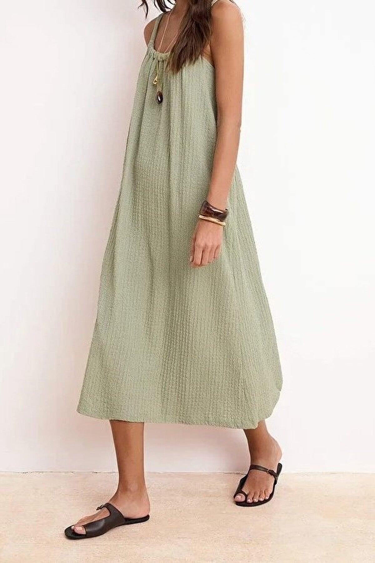 Plain Neckline Sleeveless Midi Textured Knit Dress