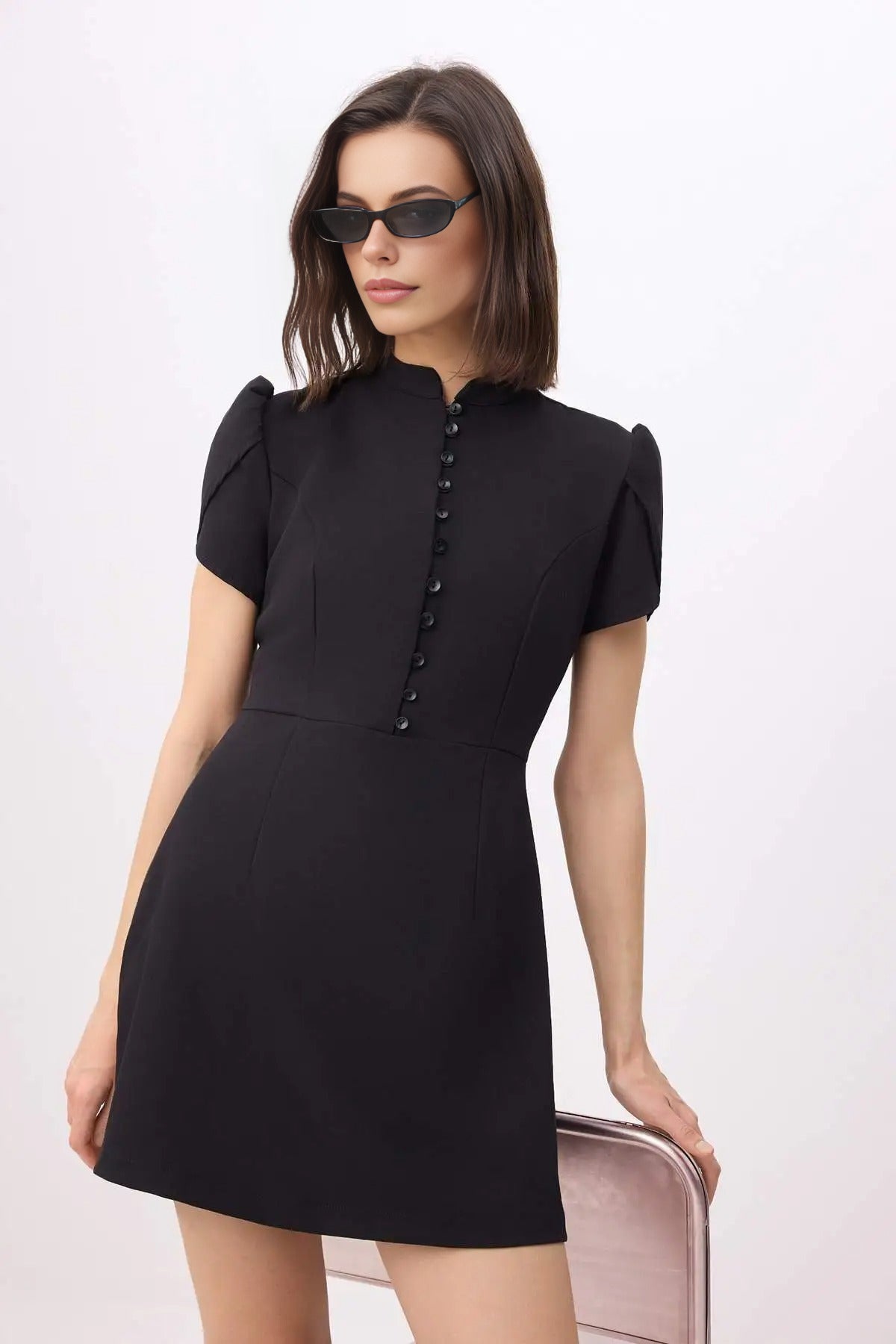 Balloon Sleeve Buttoned Mini Woven Dress