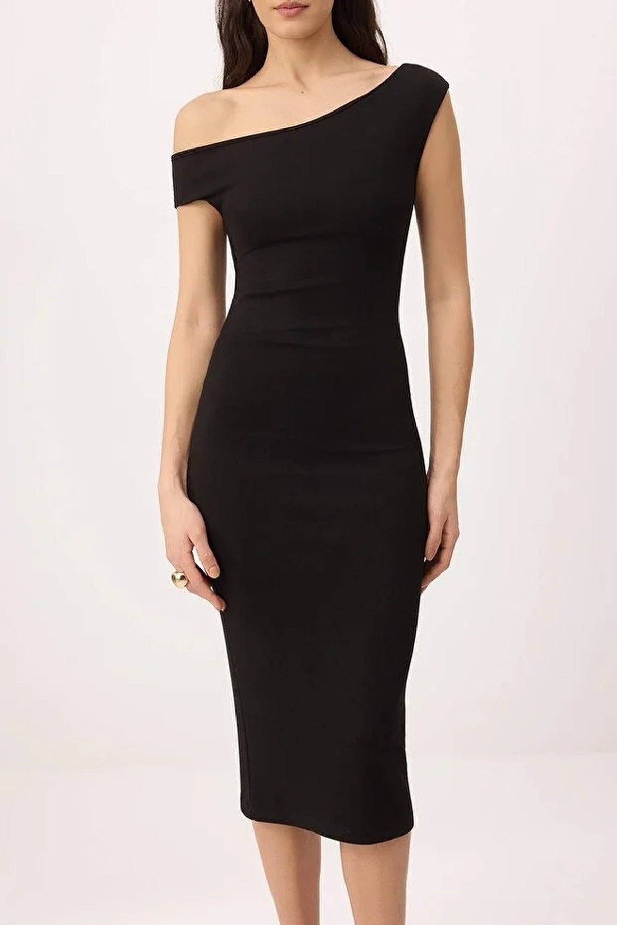 Bodycon Asymmetrical Neck Dropped Sleeve  Midi Knitted Dress