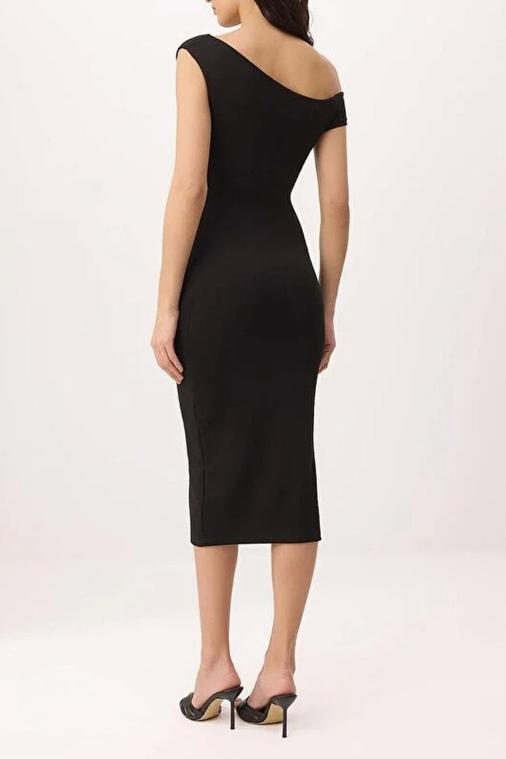 Bodycon Asymmetrical Neck Dropped Sleeve  Midi Knitted Dress