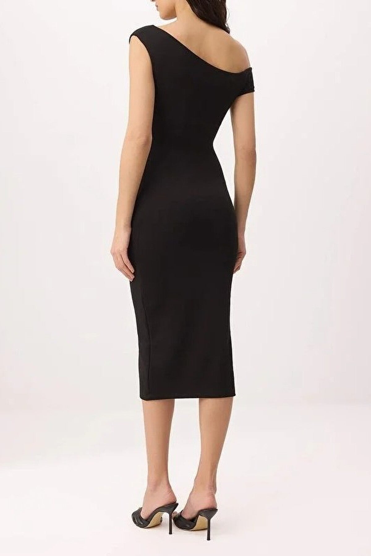 Bodycon Asymmetrical Neck Dropped Sleeve  Midi Knitted Dress