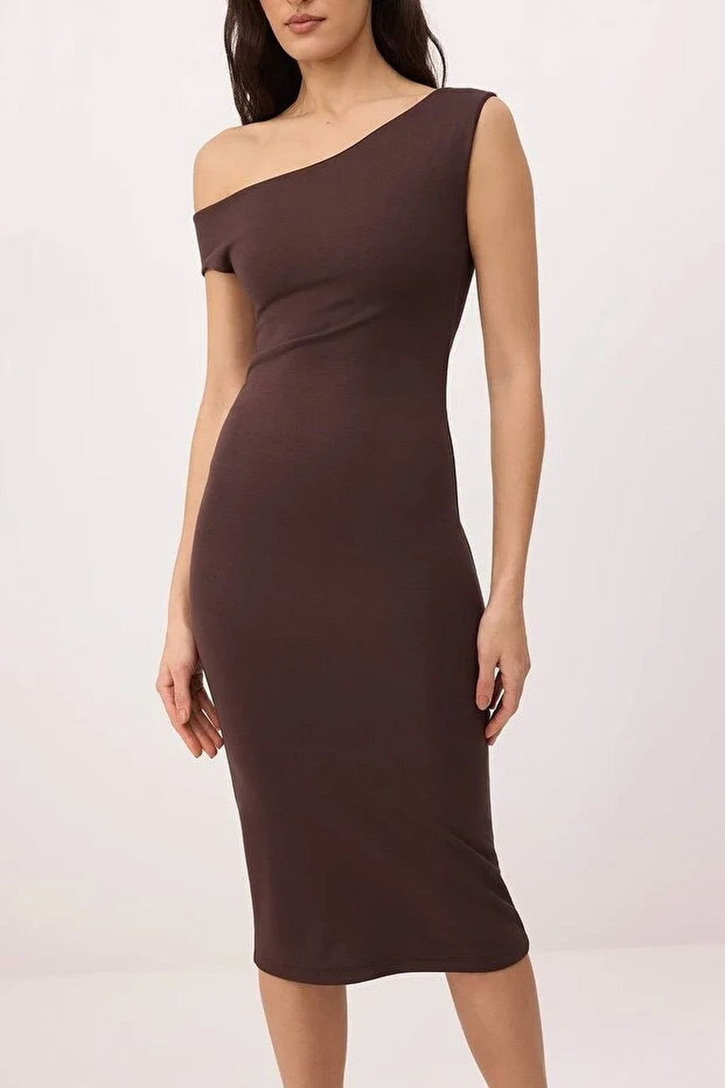 Bodycon Asymmetrical Neck Dropped Sleeve  Midi Knitted Dress
