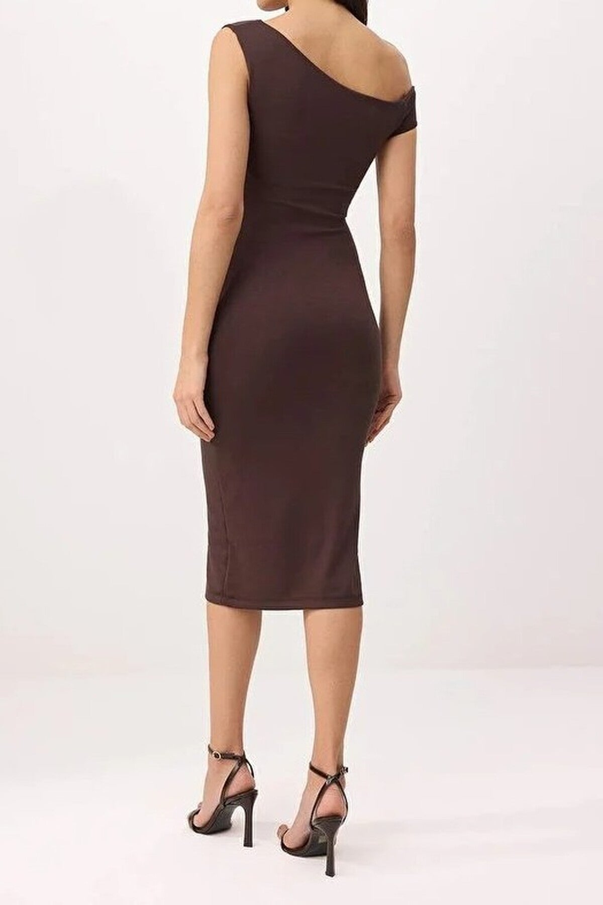 Bodycon Asymmetrical Neck Dropped Sleeve  Midi Knitted Dress