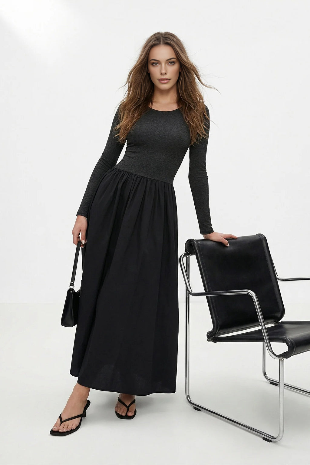 Long Sleeve Maxi Woven-Knit Mix Dress