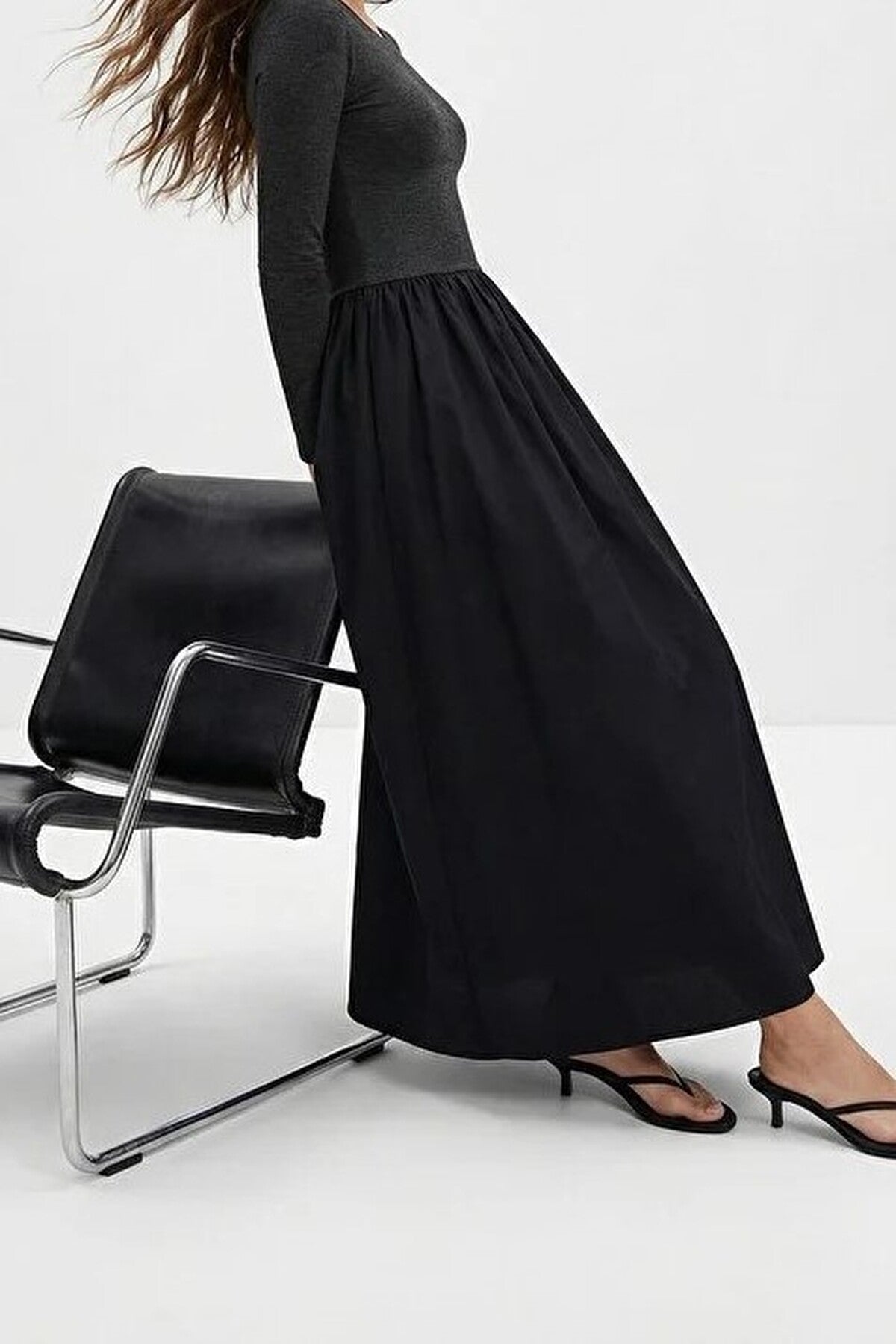 Long Sleeve Maxi Woven-Knit Mix Dress