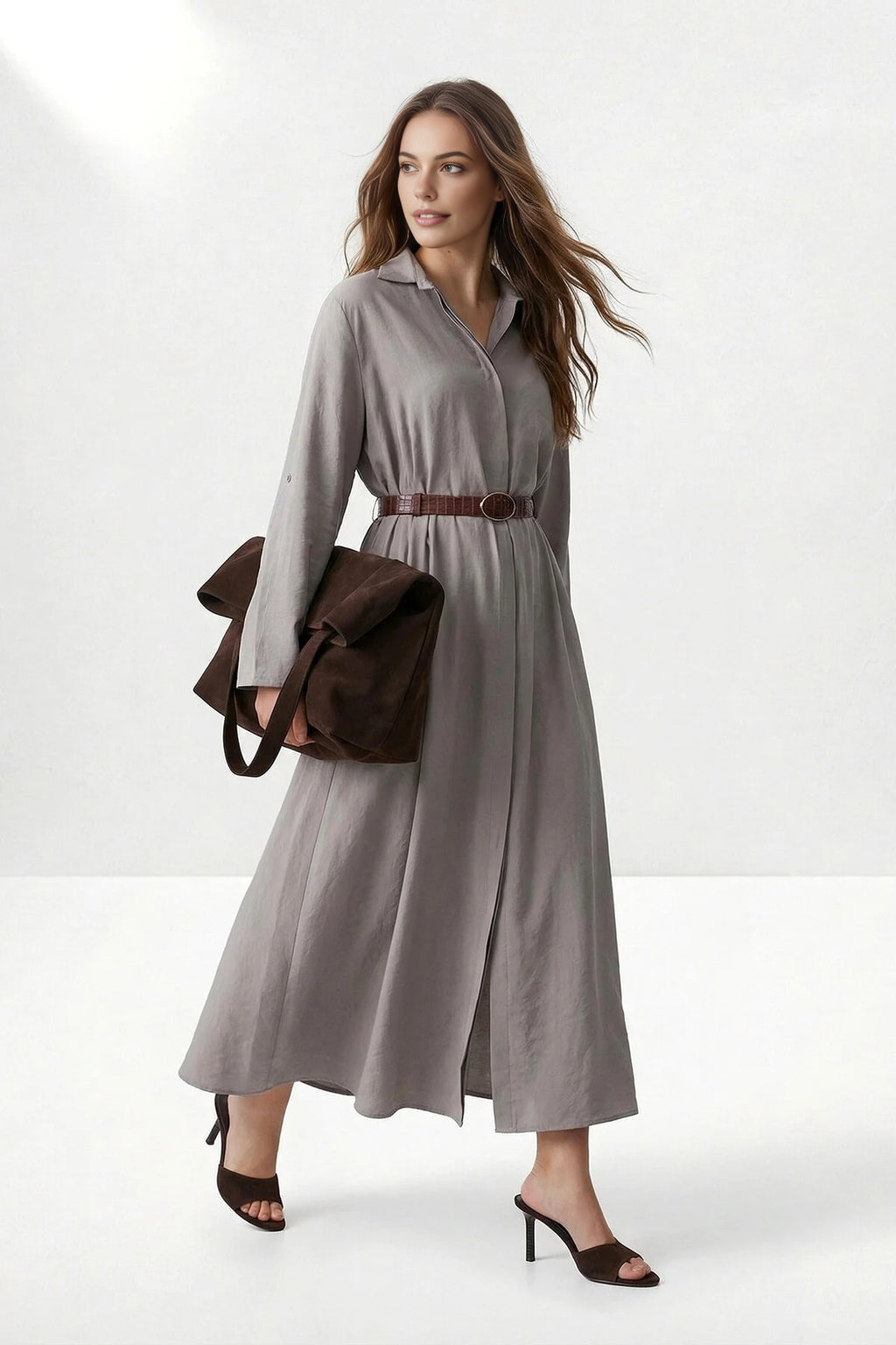 Leather Belted Midi Woven Dress