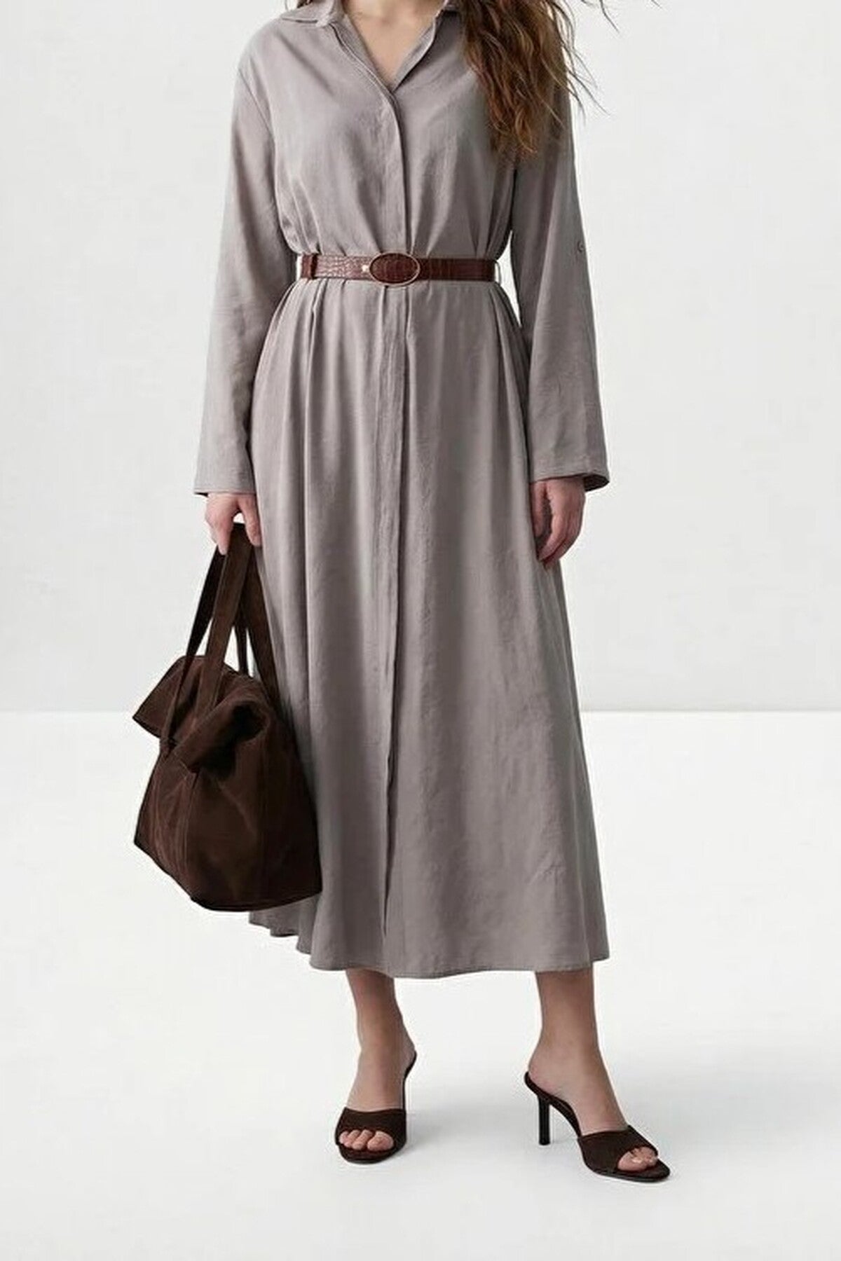Leather Belted Midi Woven Dress