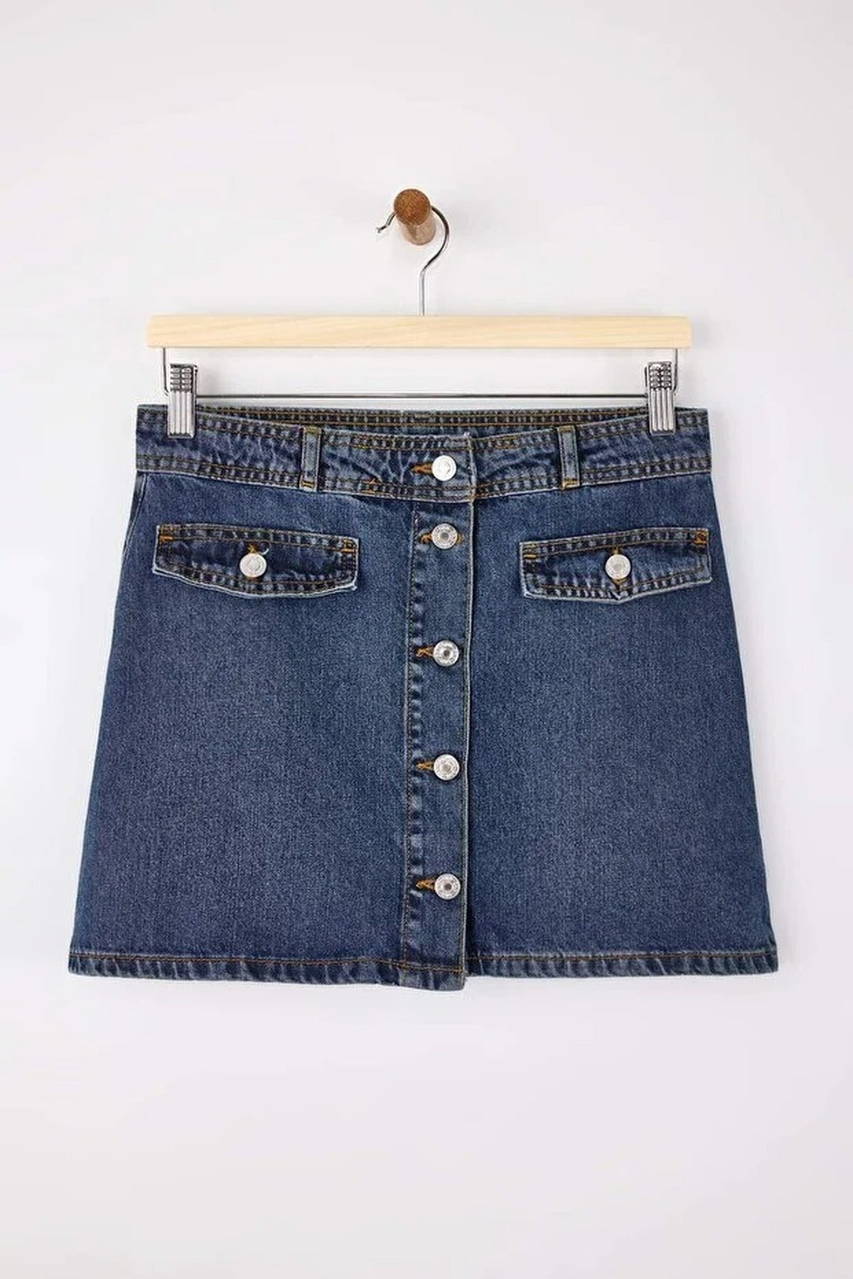 Button Detail Mini 100% Cotton Denim Skirt