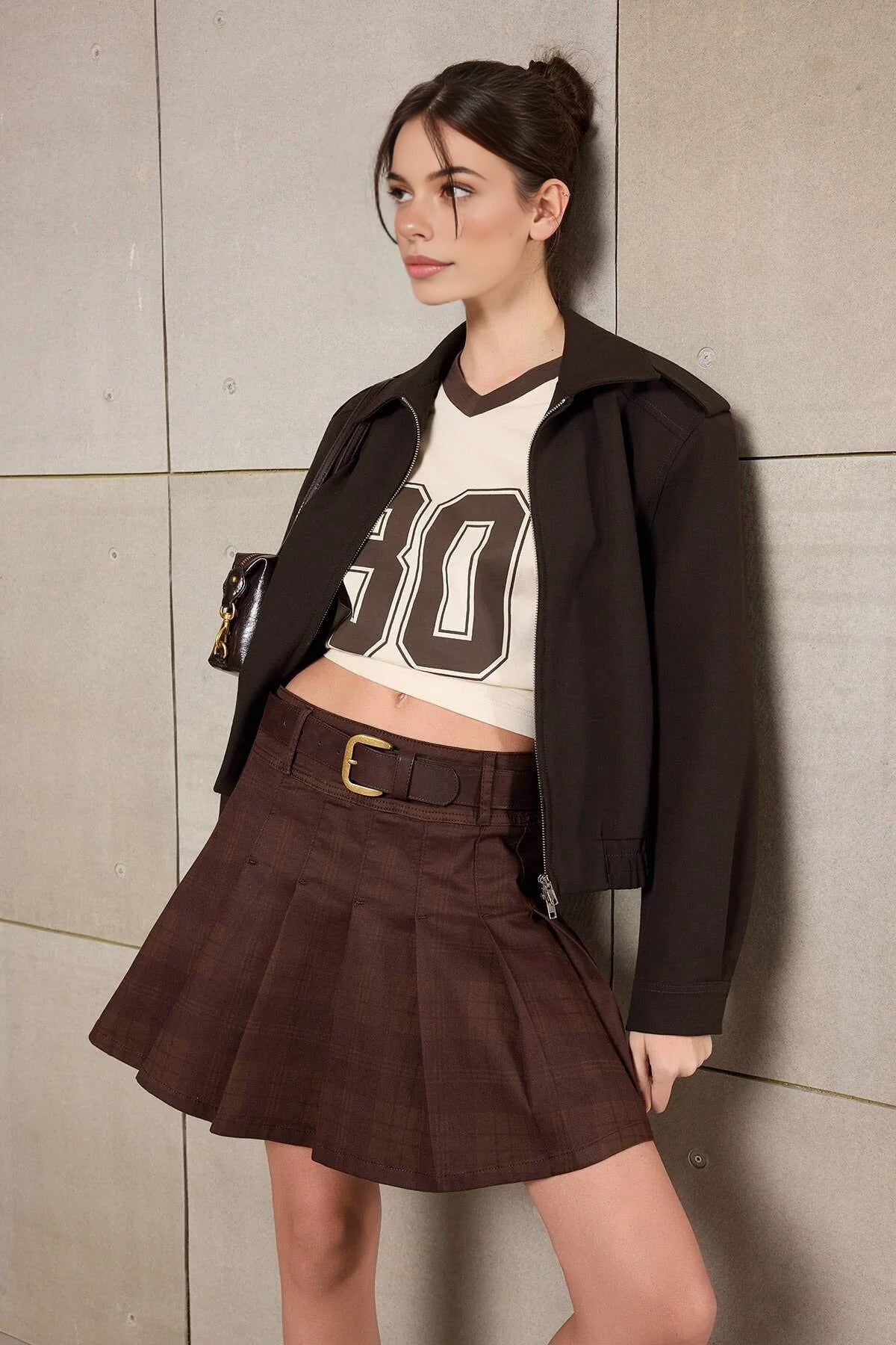 Pleated Mini Denim Skirt