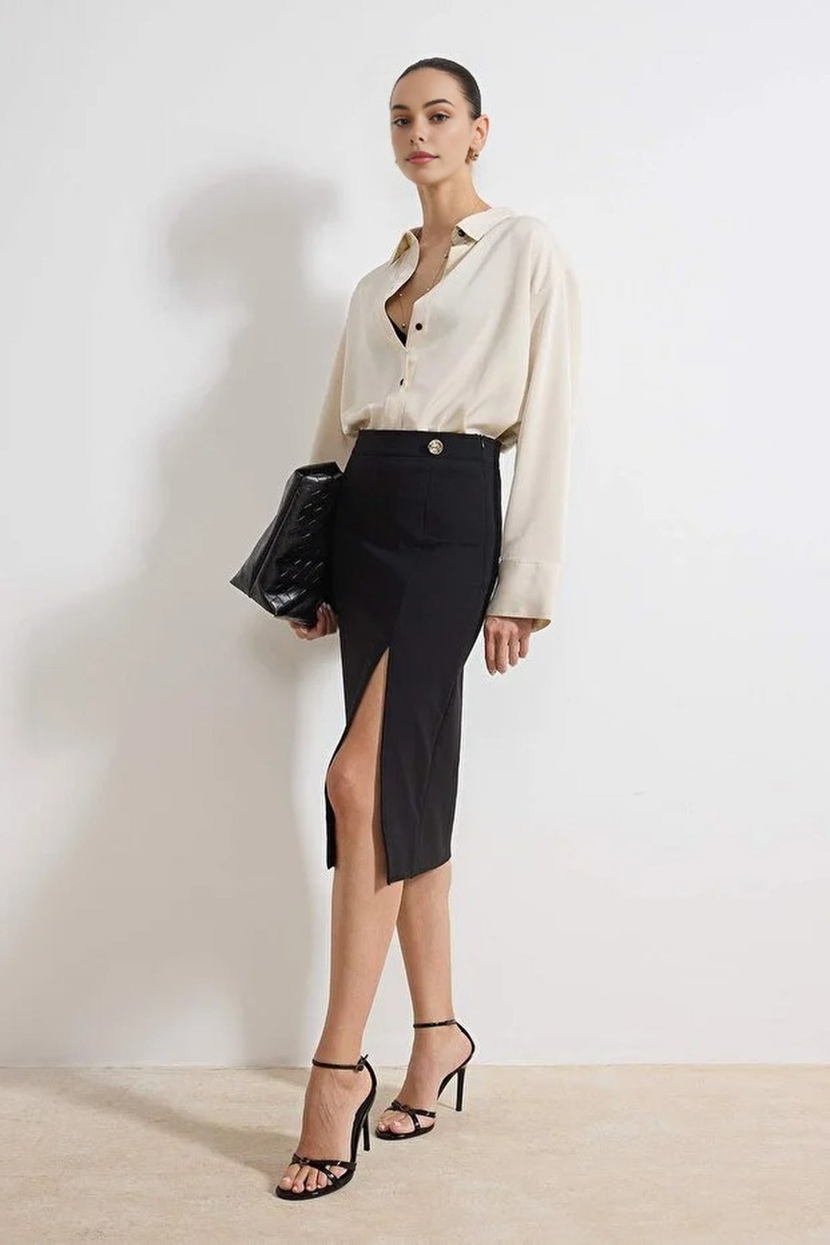 Midi Crepe Knit Pencil Skirt with Accessory Details