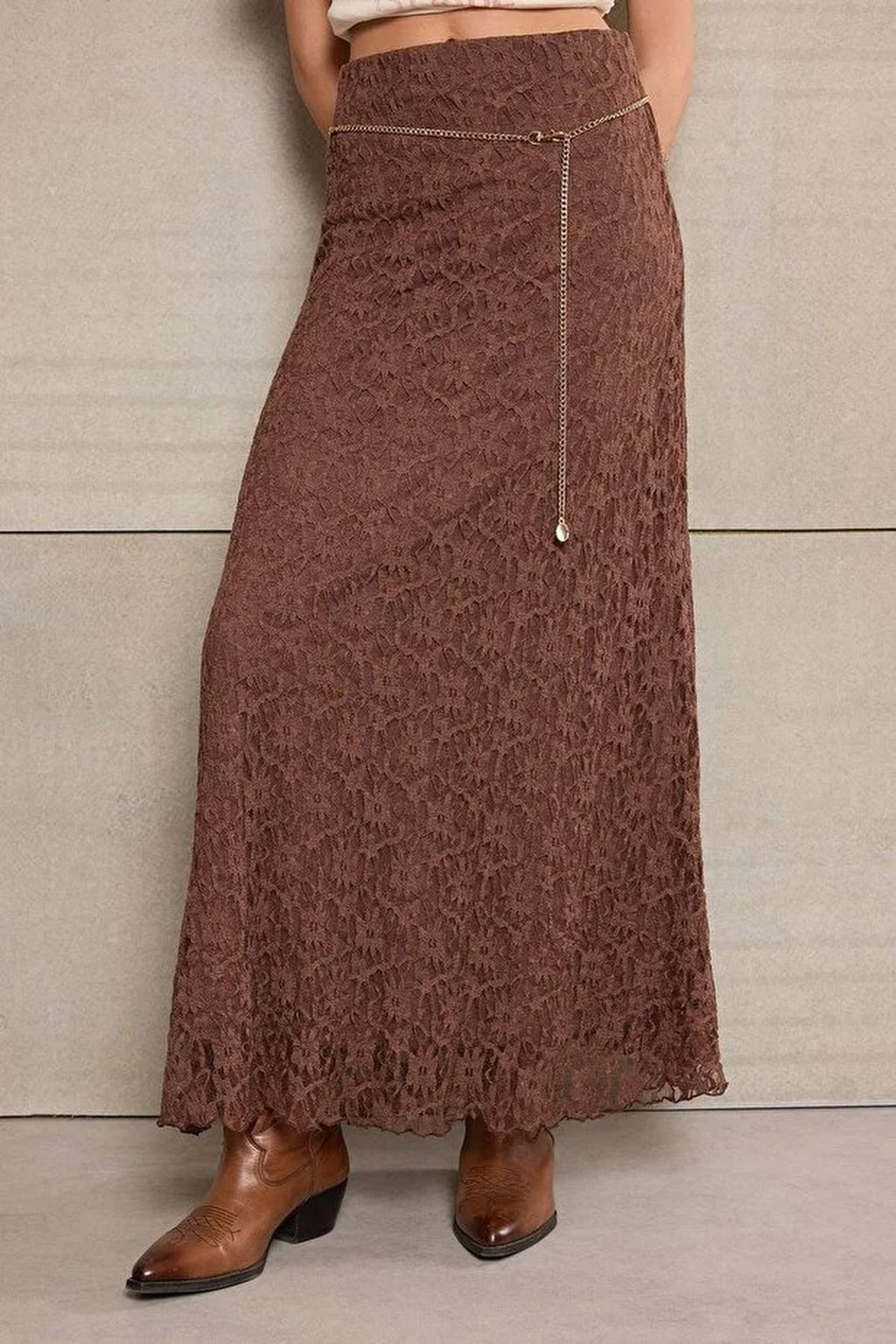 A-Line Belted Regular Waist Maxi Lace Knit Skirt