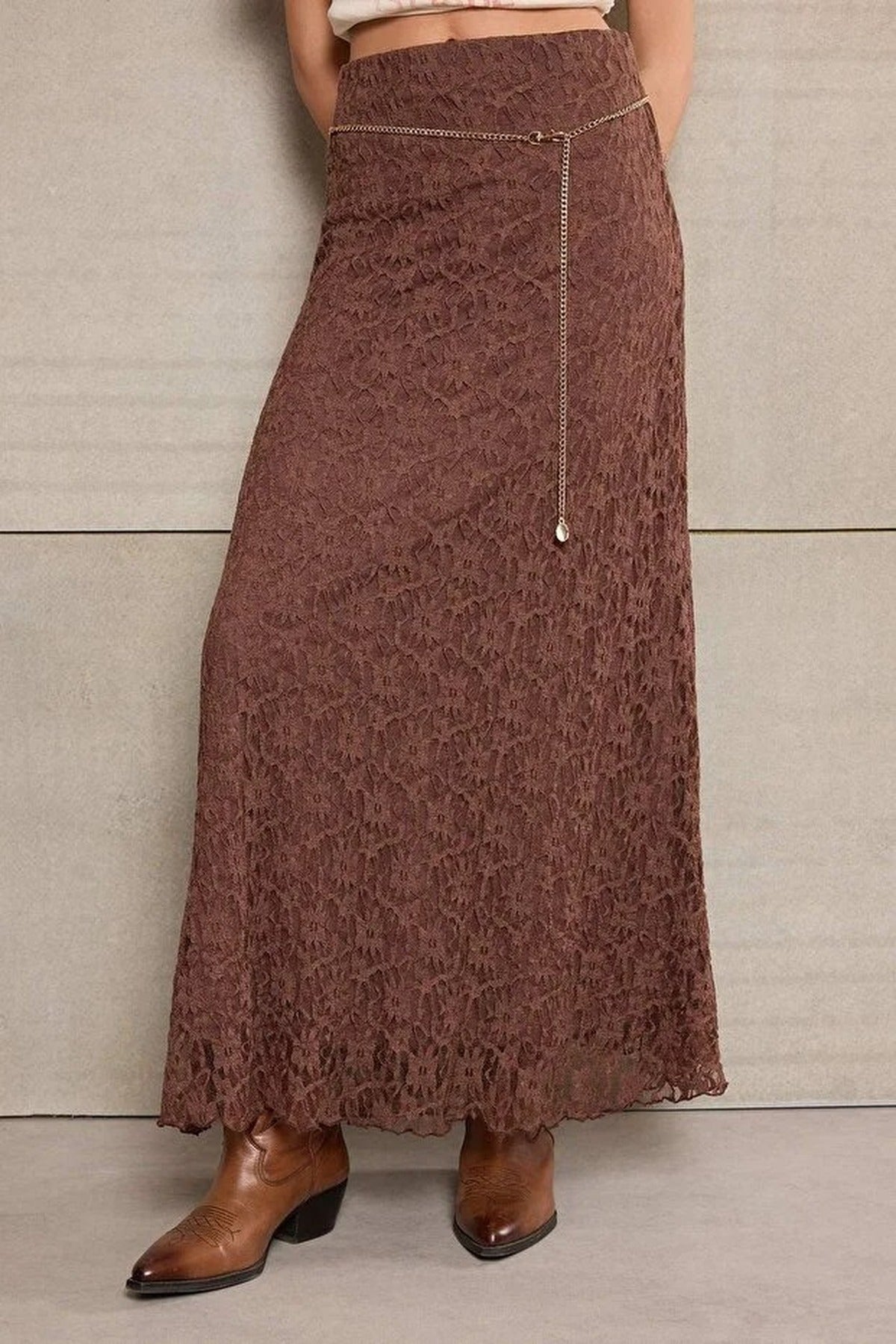 A-Line Belted Regular Waist Maxi Lace Knit Skirt