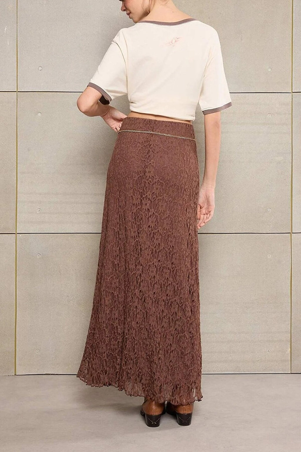 A-Line Belted Regular Waist Maxi Lace Knit Skirt