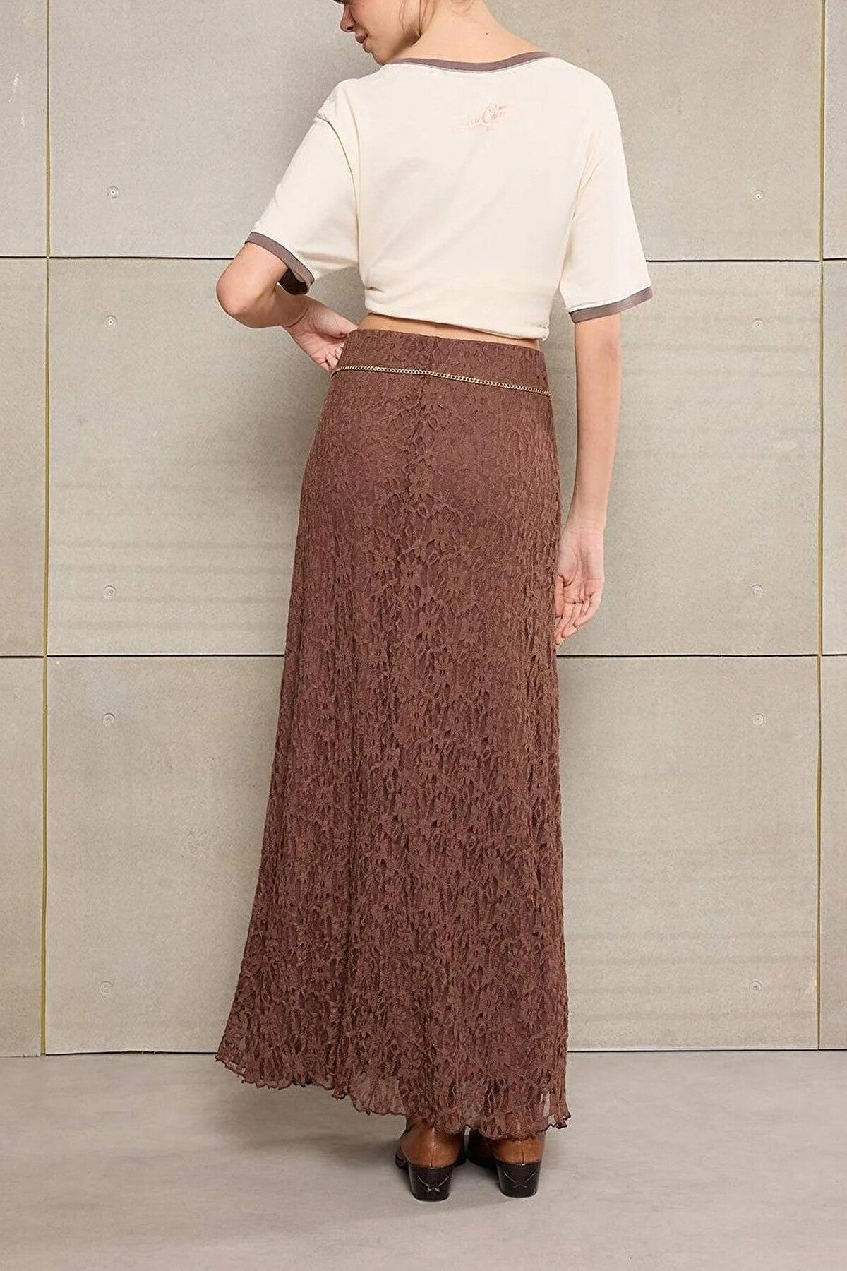 A-Line Belted Regular Waist Maxi Lace Knit Skirt