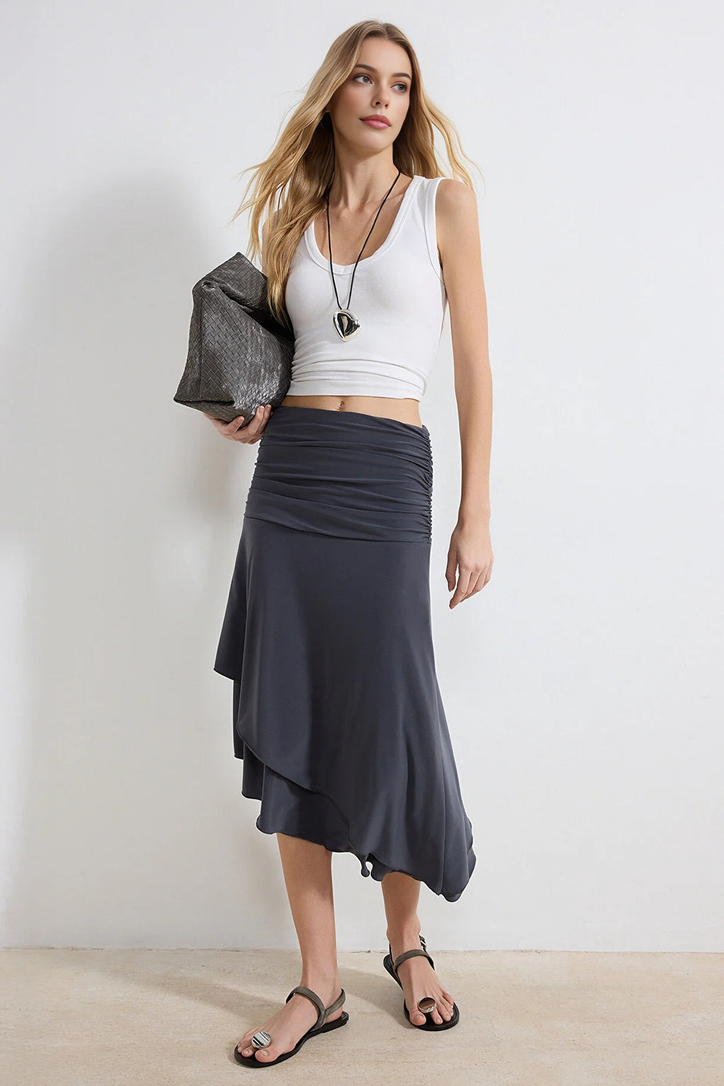 Skater Asymmetrical High-Waisted Midi Stretch Knit Skirt with Ruffles