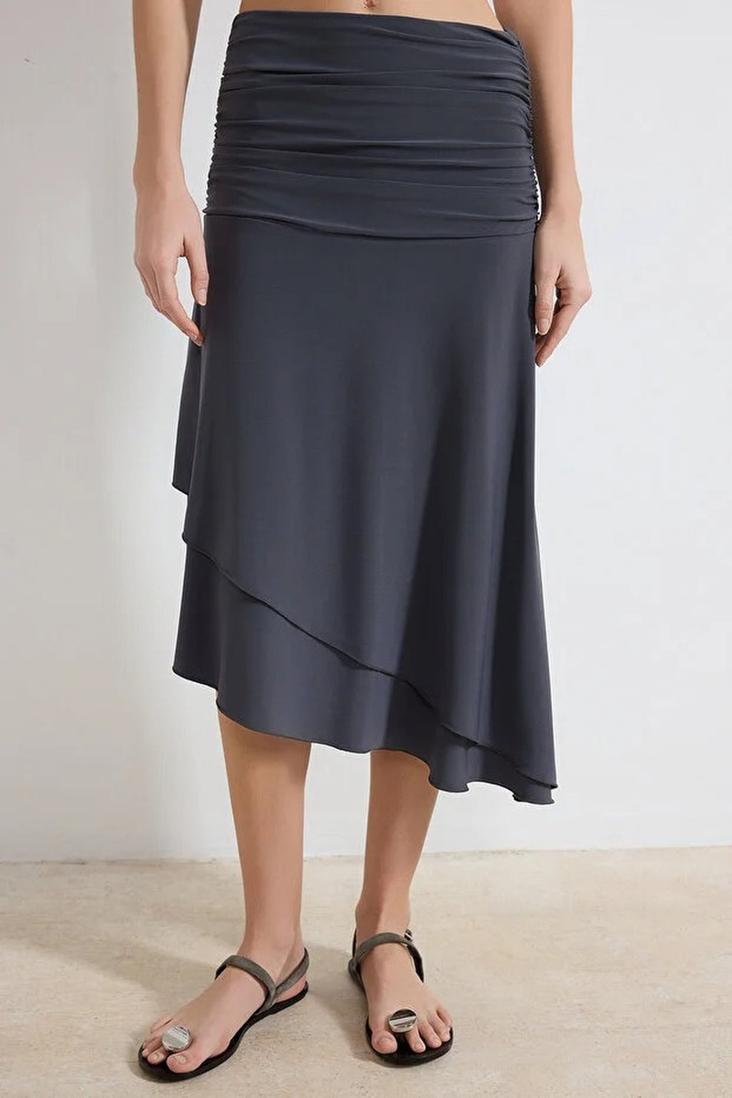 Skater Asymmetrical High-Waisted Midi Stretch Knit Skirt with Ruffles