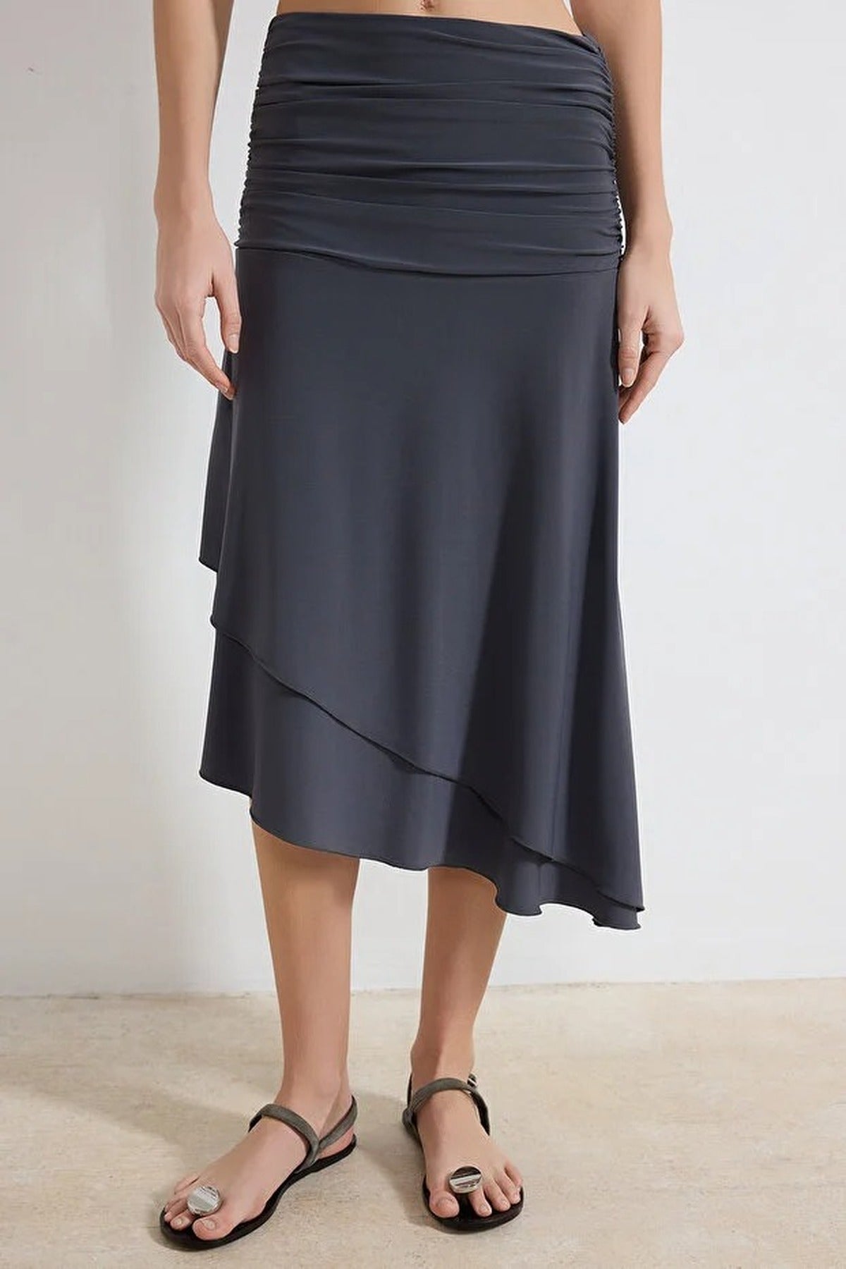 Skater Asymmetrical High-Waisted Midi Stretch Knit Skirt with Ruffles