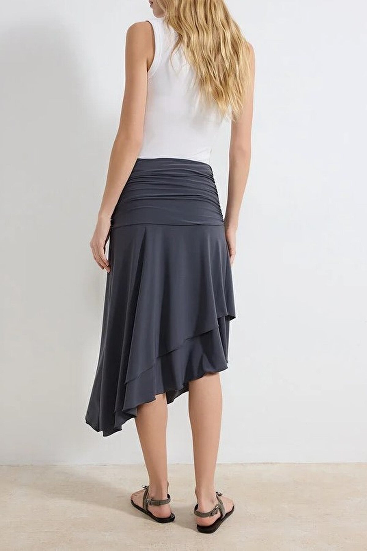 Skater Asymmetrical High-Waisted Midi Stretch Knit Skirt with Ruffles