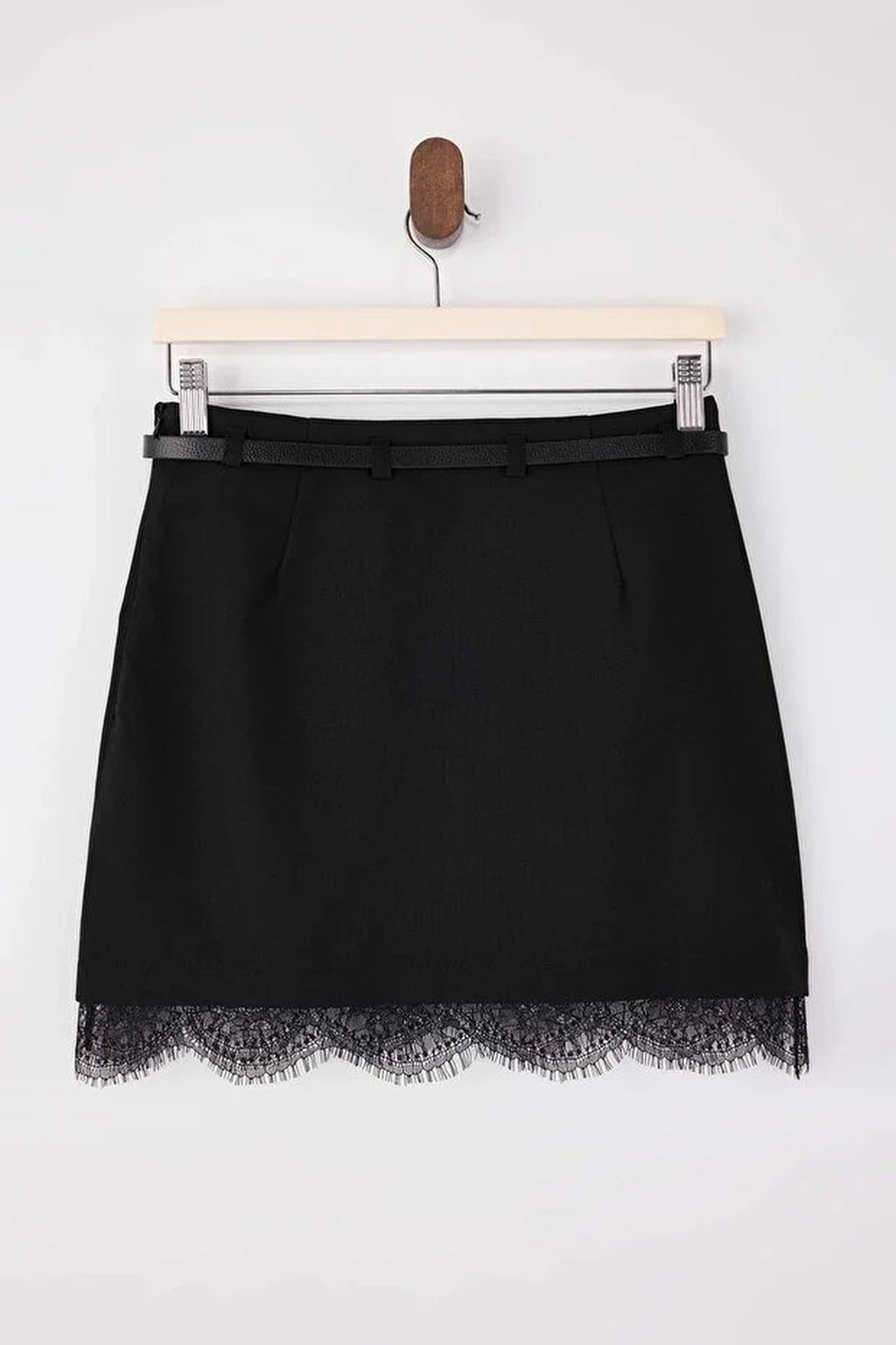 Belted A-Line Mini Skirt with Lace Hem Detail