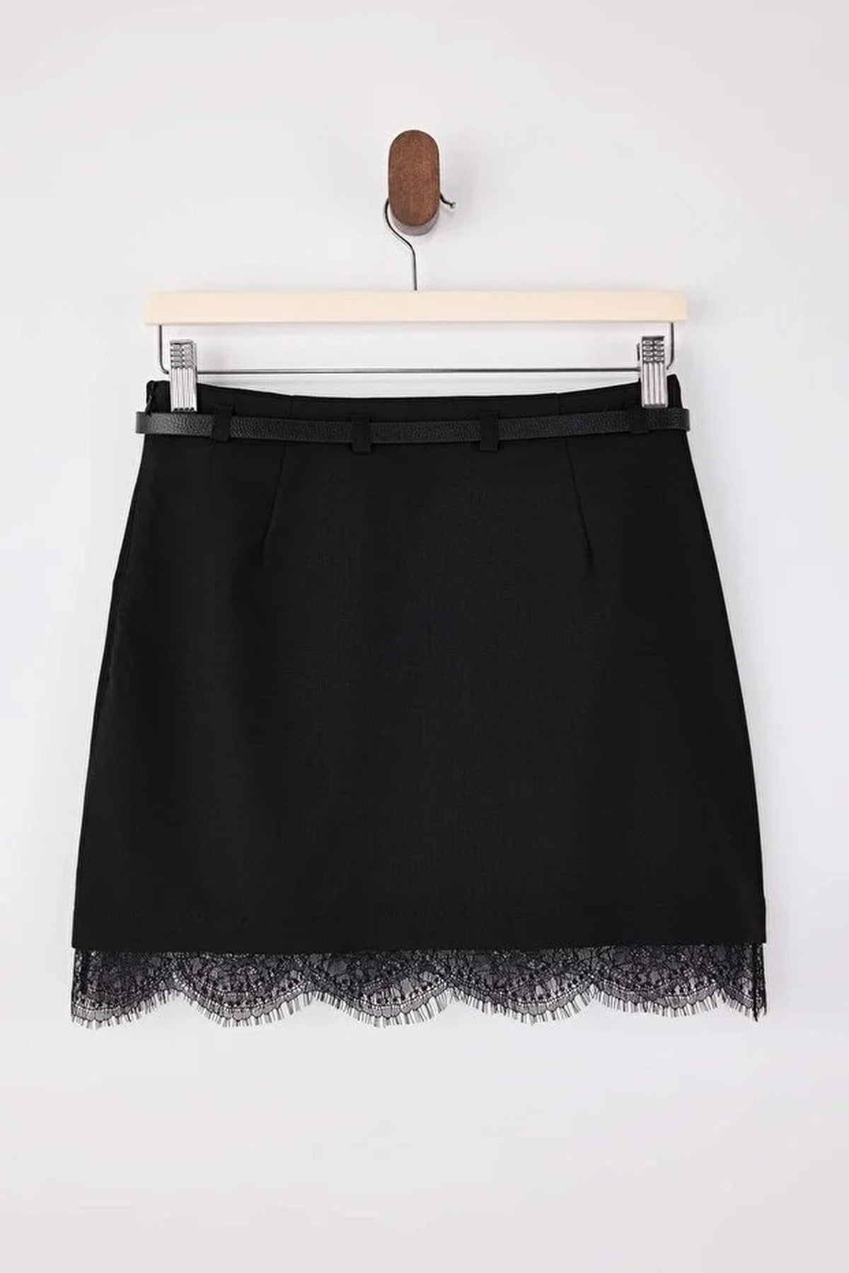 Belted A-Line Mini Skirt with Lace Hem Detail