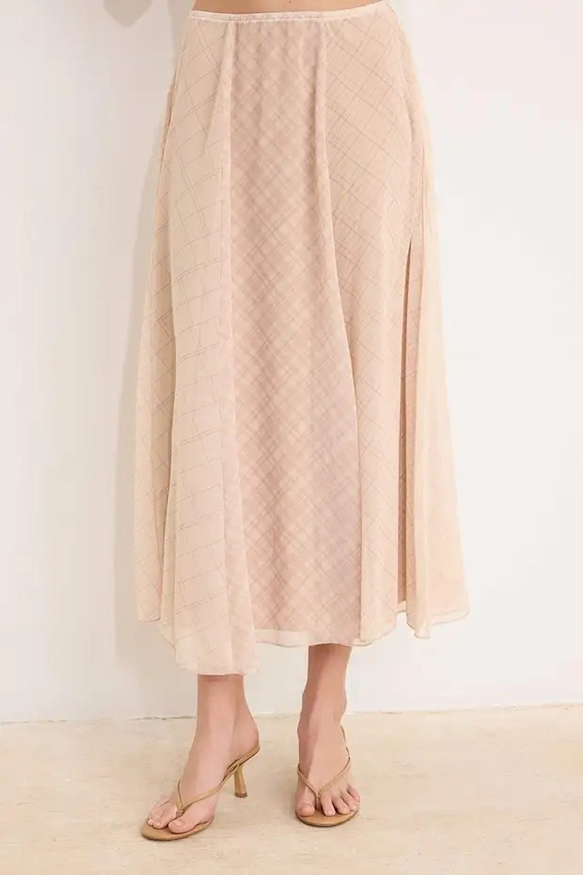 Plaid Lined Chiffon Maxi Asymmetrical Skirt