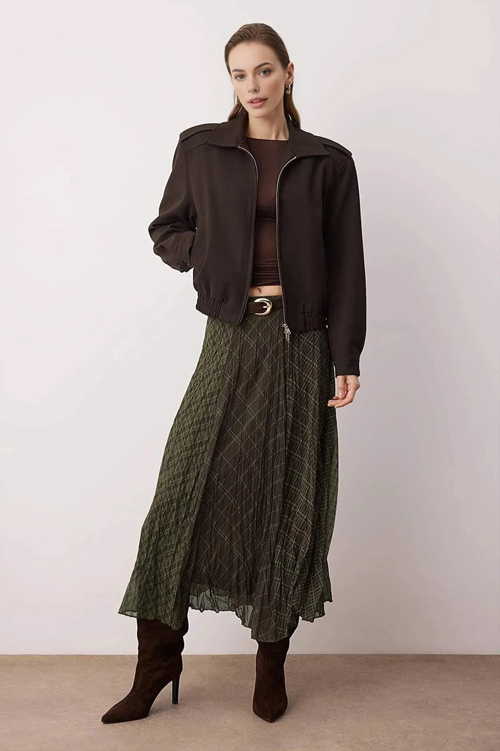 Plaid Lined Chiffon Maxi Asymmetrical Skirt