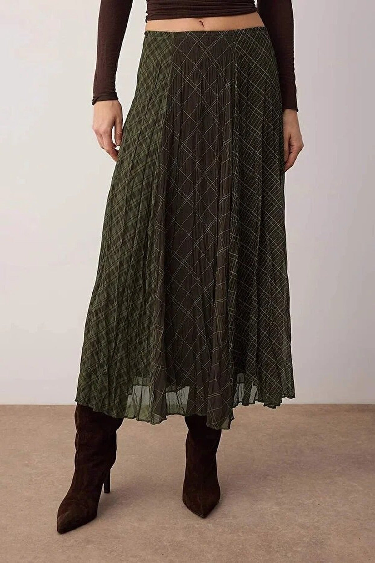 Plaid Lined Chiffon Maxi Asymmetrical Skirt