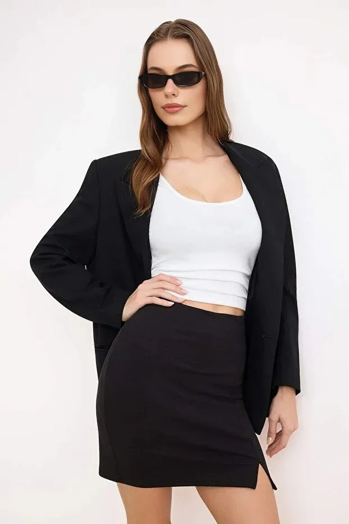Plain Pencil Slit Mini Knit Short Skirt