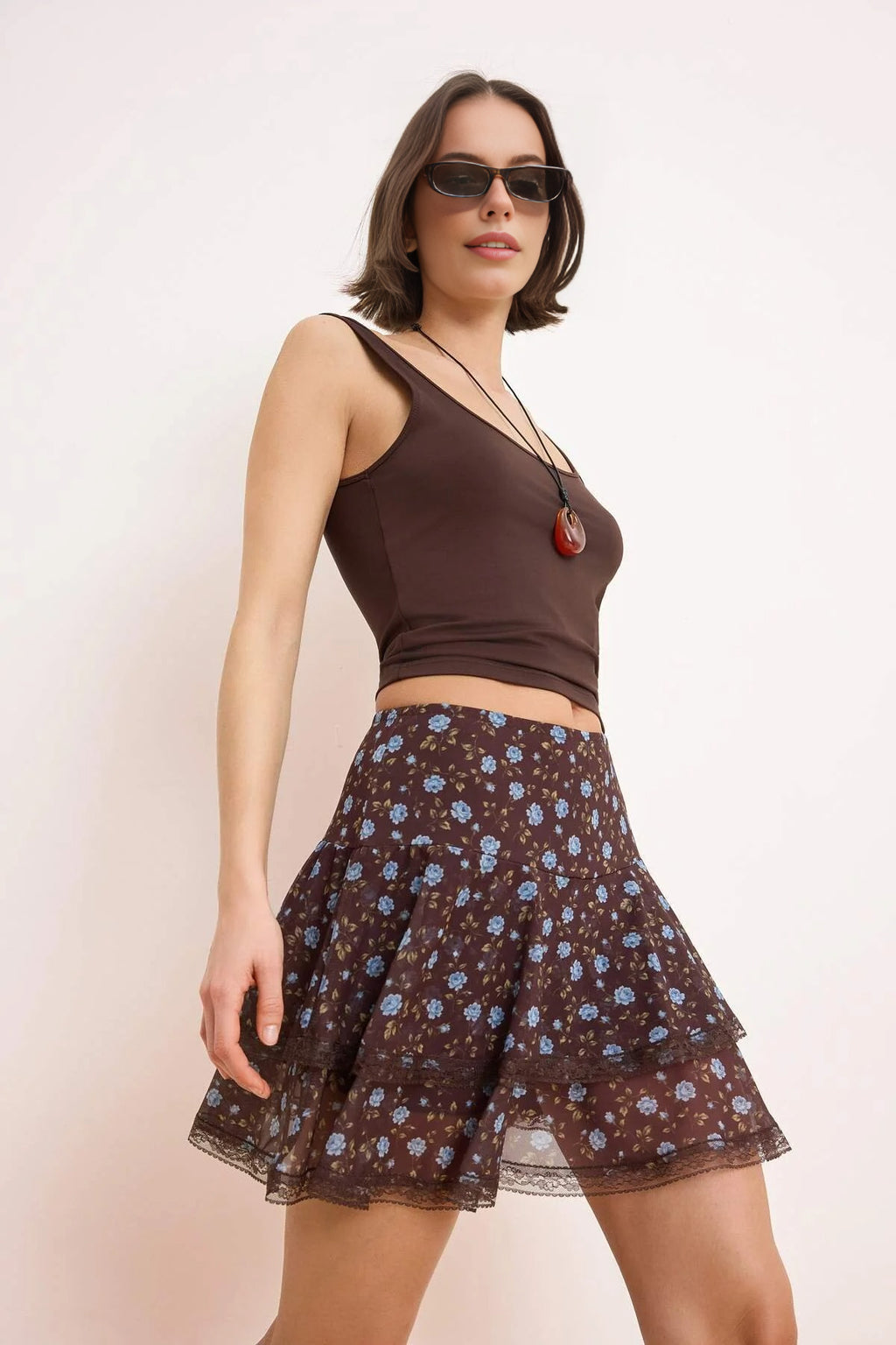 Skater Mini Tulle Knit Short Skirt with Lace Details