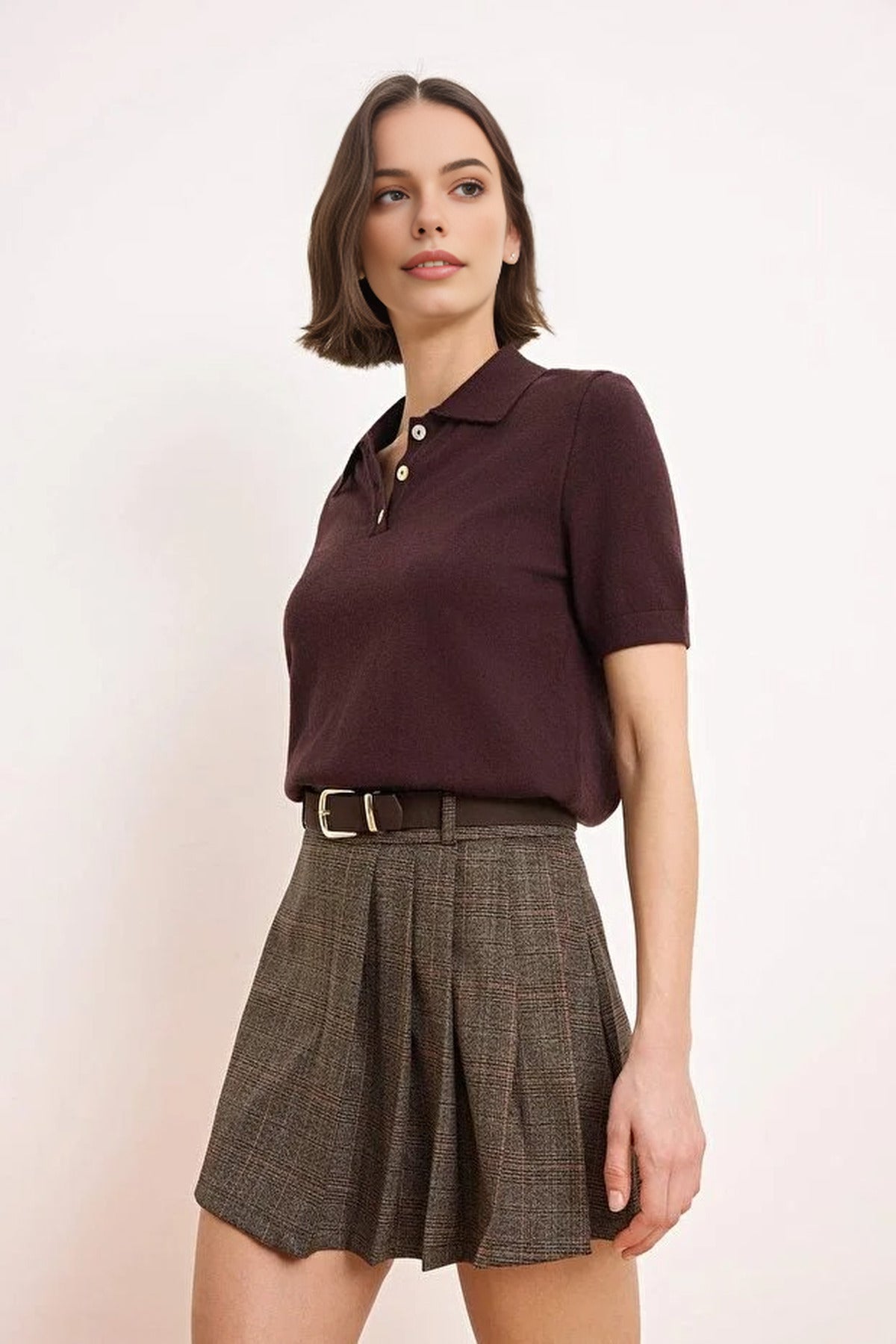 Belted Mini Plaid Pleated Skirt with Shorts Lining