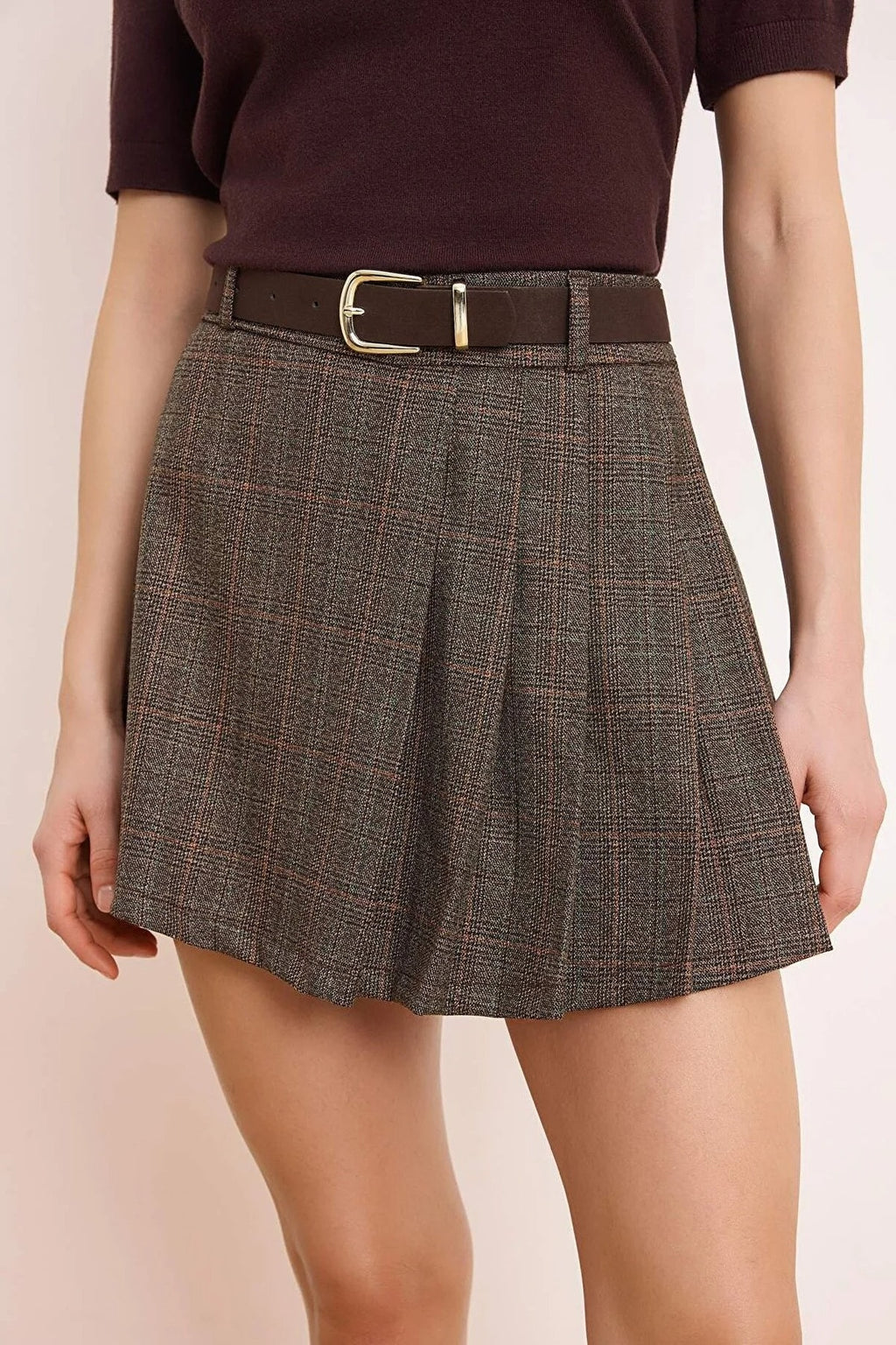 Belted Mini Plaid Pleated Skirt with Shorts Lining