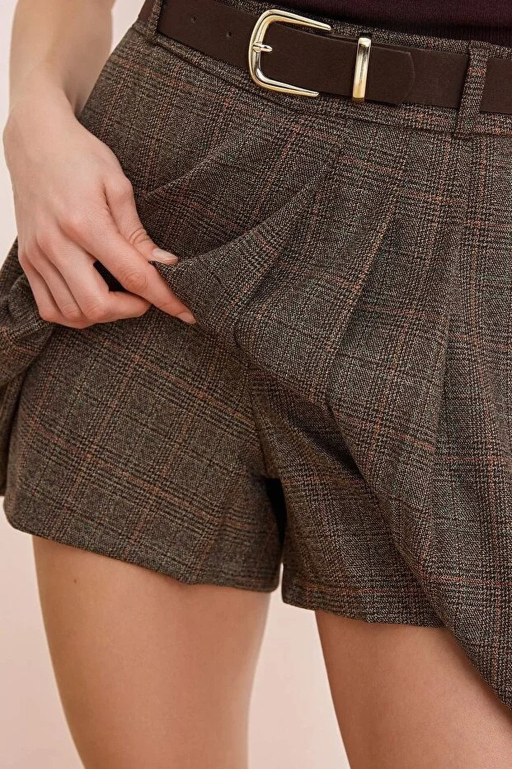 Belted Mini Plaid Pleated Skirt with Shorts Lining