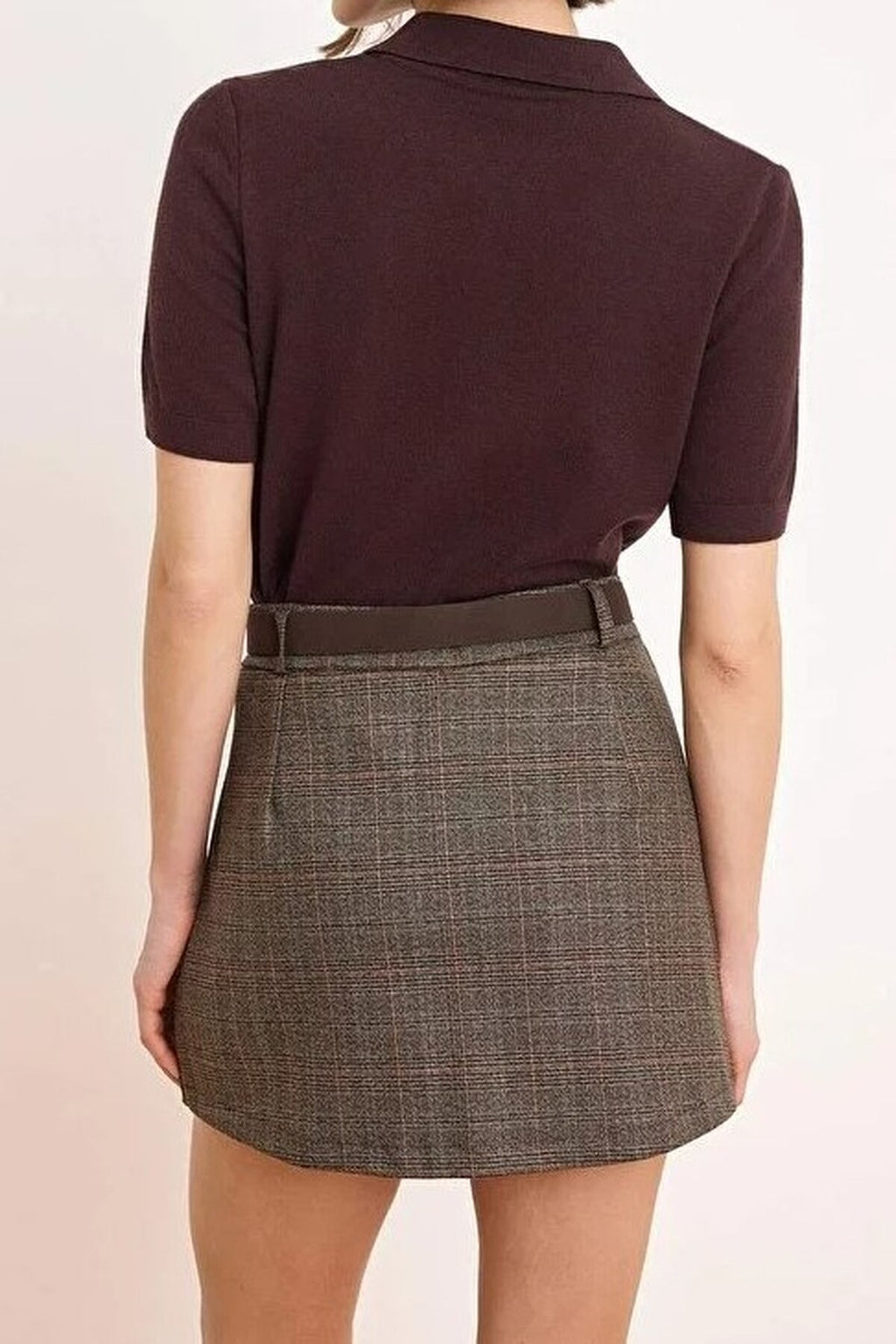 Belted Mini Plaid Pleated Skirt with Shorts Lining