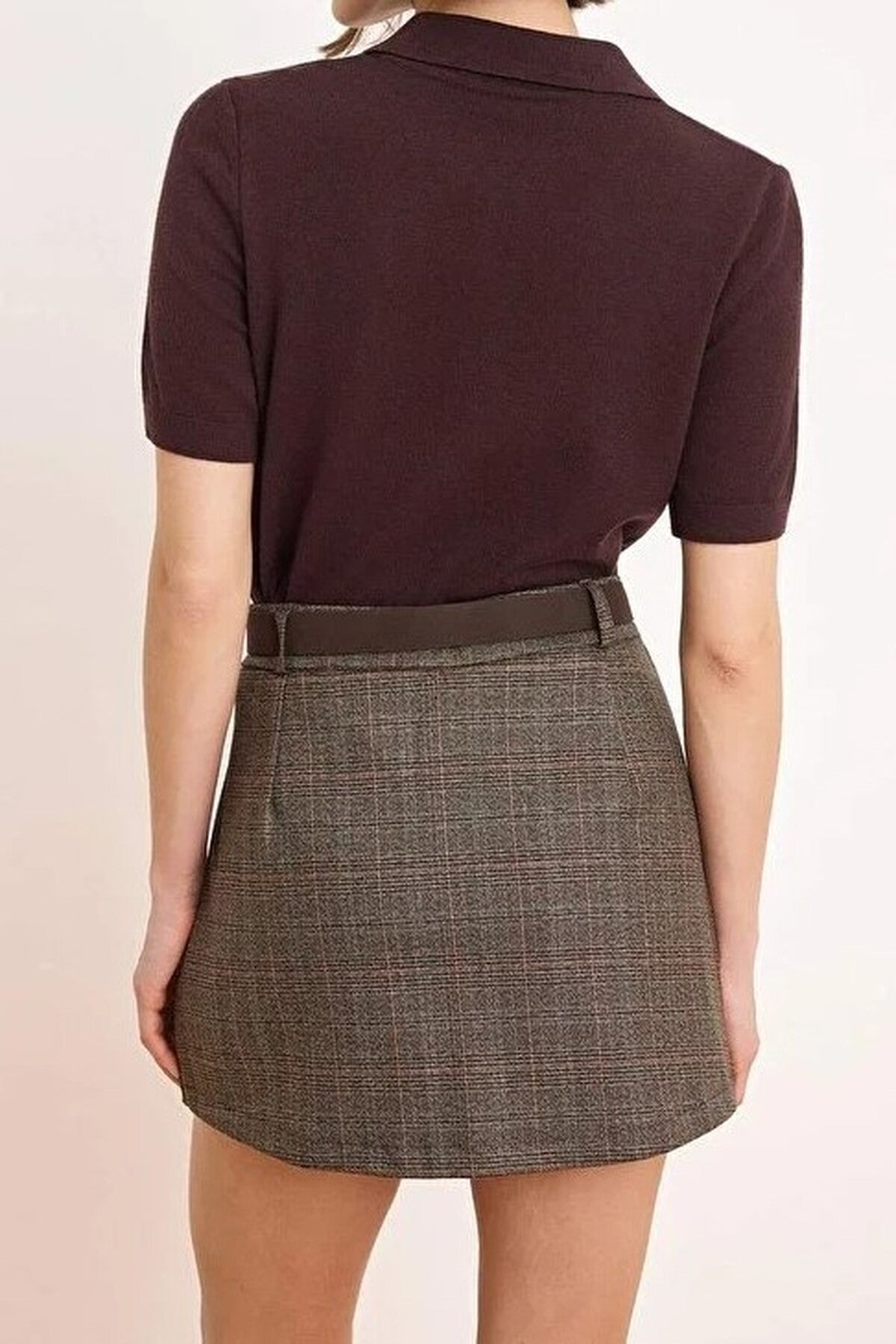 Belted Mini Plaid Pleated Skirt with Shorts Lining