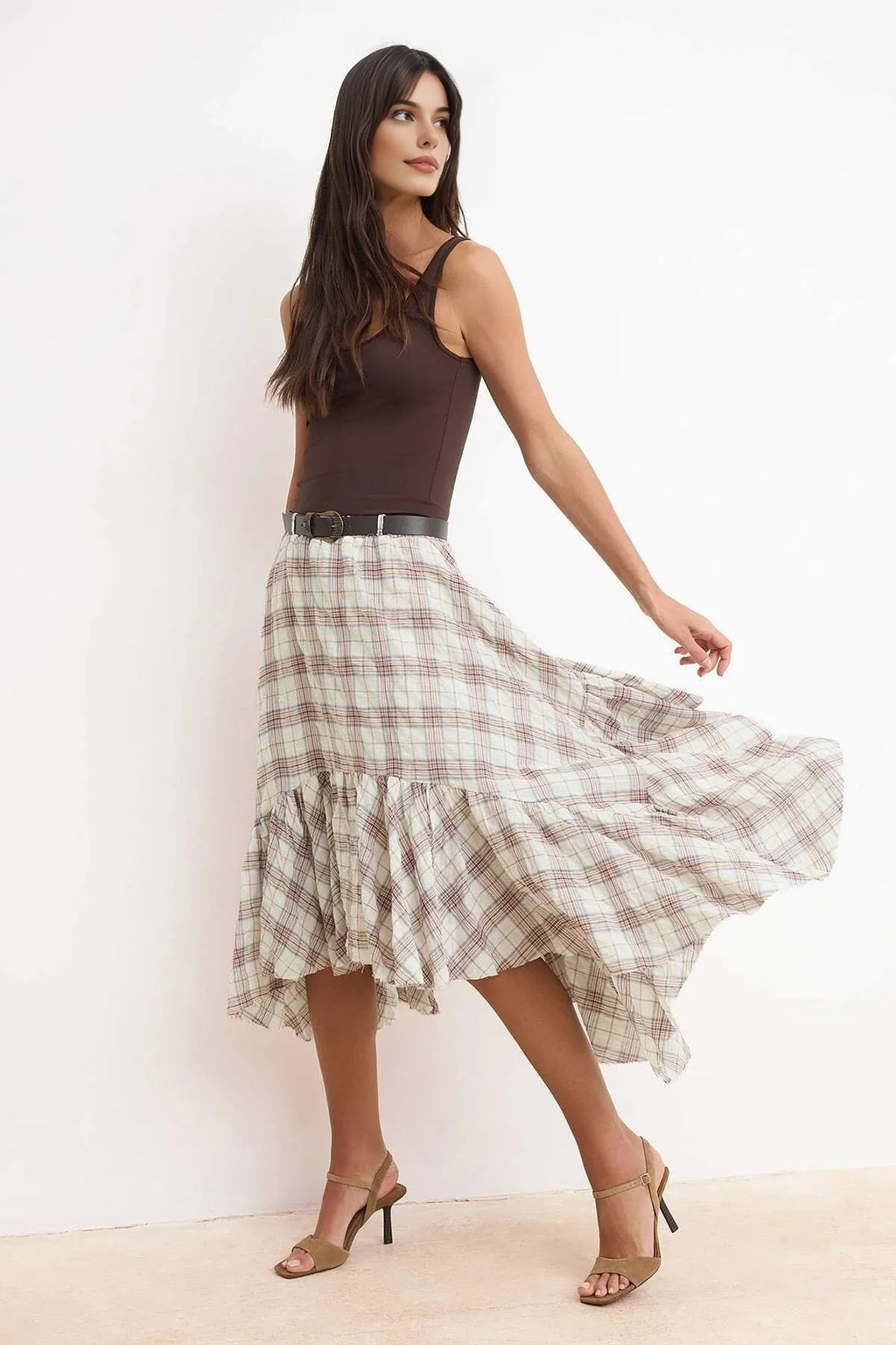 Stone Plaid Belted 100% Cotton Fluffy Midi Skirt