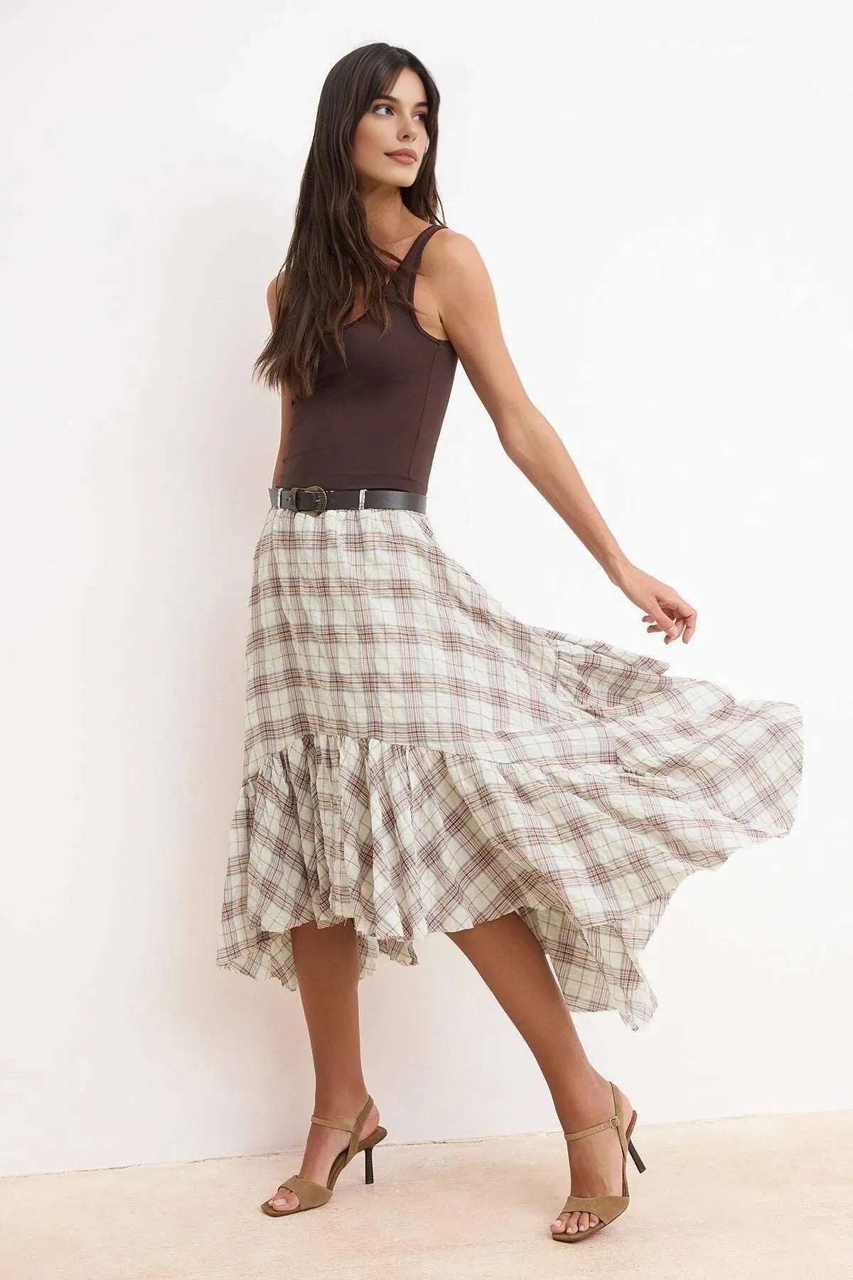 Stone Plaid Belted 100% Cotton Fluffy Midi Skirt