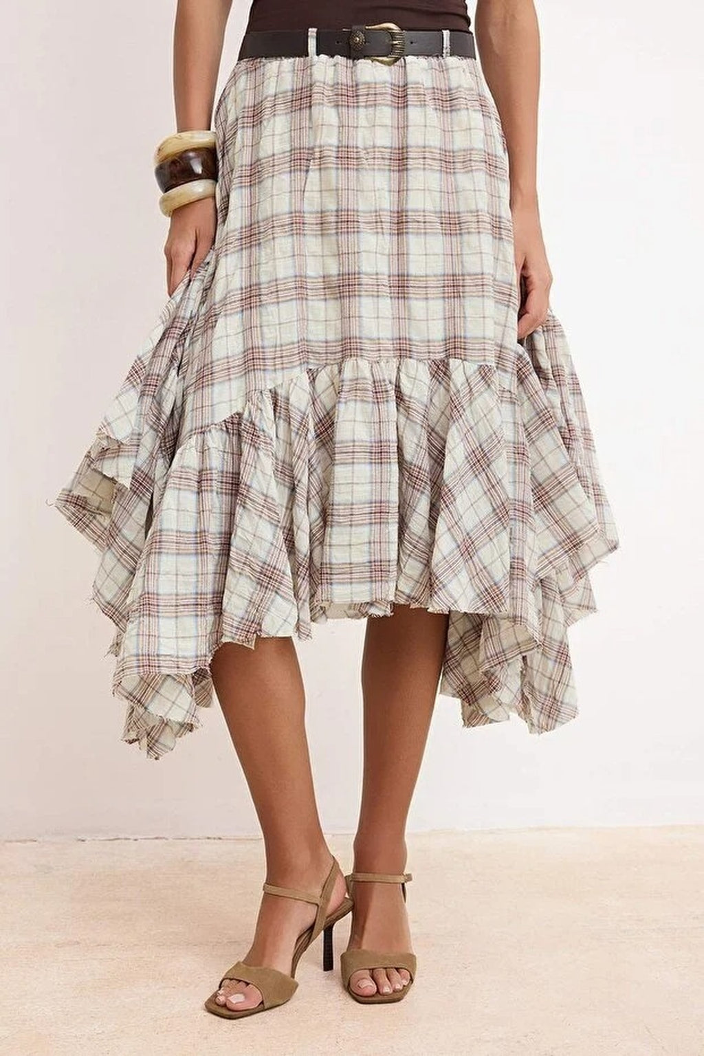 Stone Plaid Belted 100% Cotton Fluffy Midi Skirt