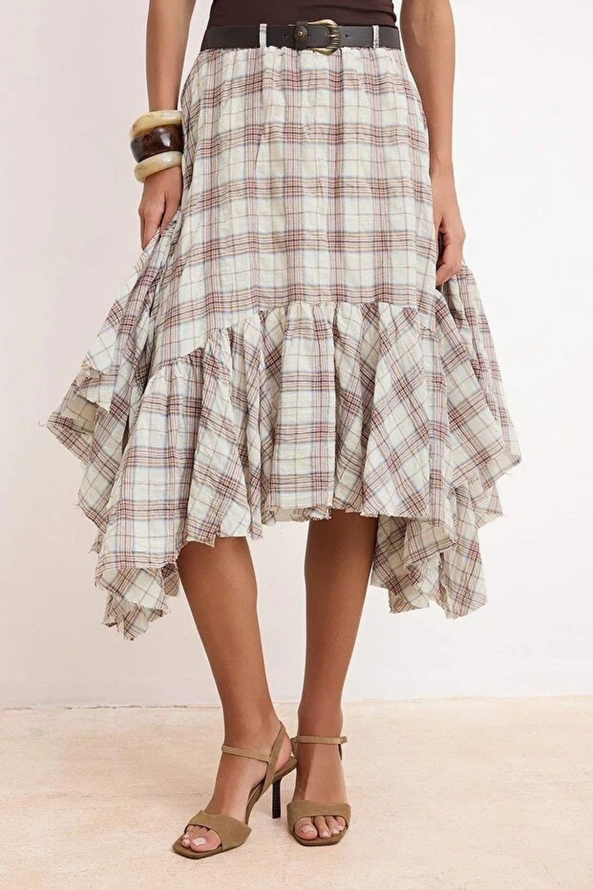 Stone Plaid Belted 100% Cotton Fluffy Midi Skirt