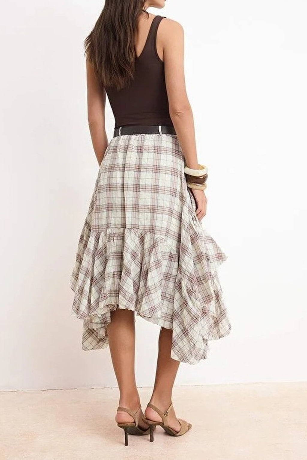 Stone Plaid Belted 100% Cotton Fluffy Midi Skirt