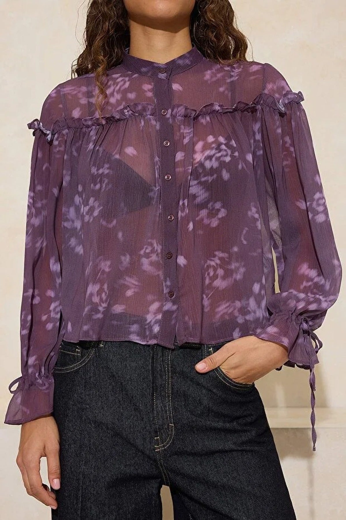 Unlined Shirt with Floral Ruffle Detail