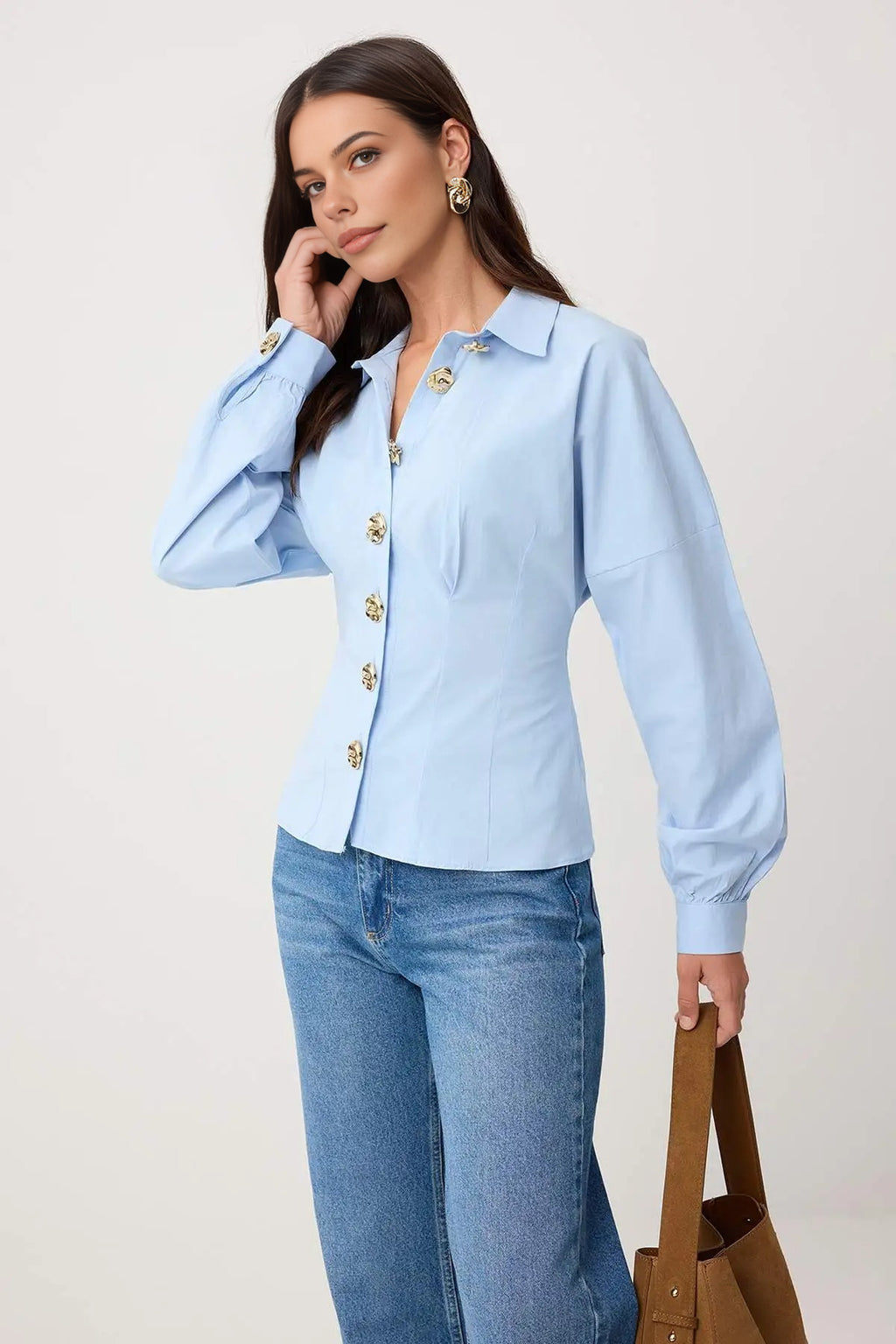 Gold Hardware Detail Cotton Fitted Batwing Sleeve Shirt