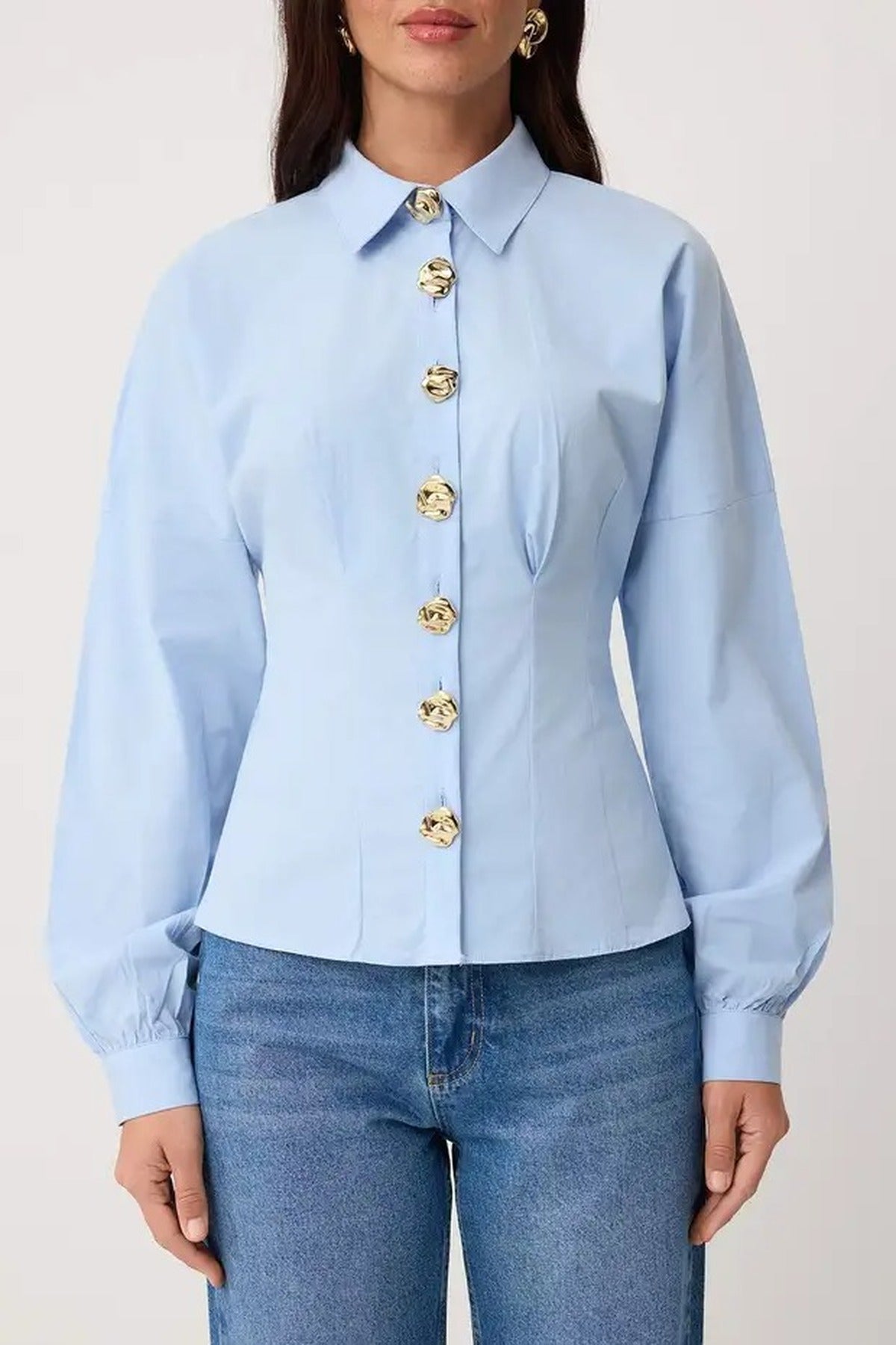 Gold Hardware Detail Cotton Fitted Batwing Sleeve Shirt