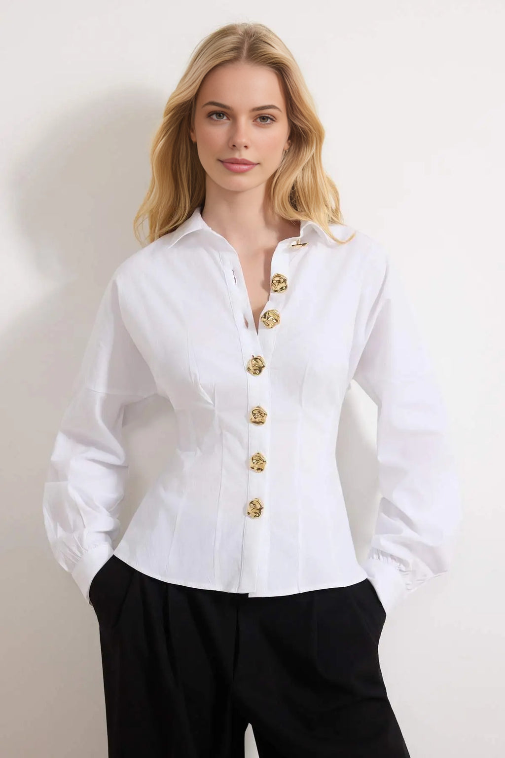 Gold Hardware Detail Cotton Fitted Batwing Sleeve Shirt