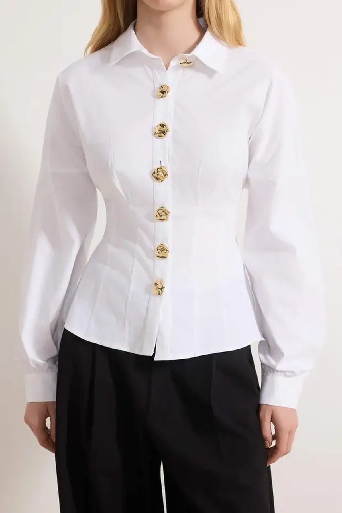 Gold Hardware Detail Cotton Fitted Batwing Sleeve Shirt