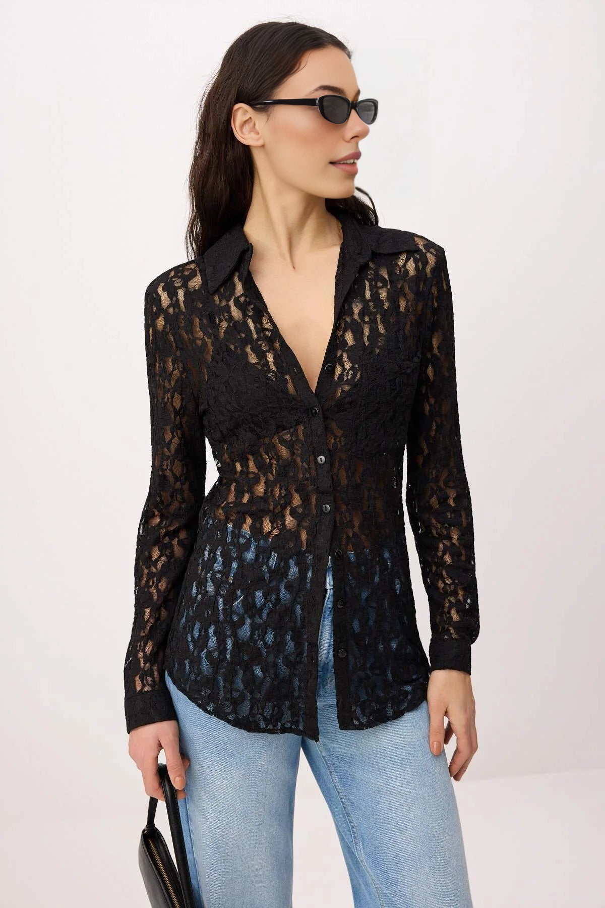 Plain Fitted Shirt Collar Long Sleeve Lace Knit Shirt