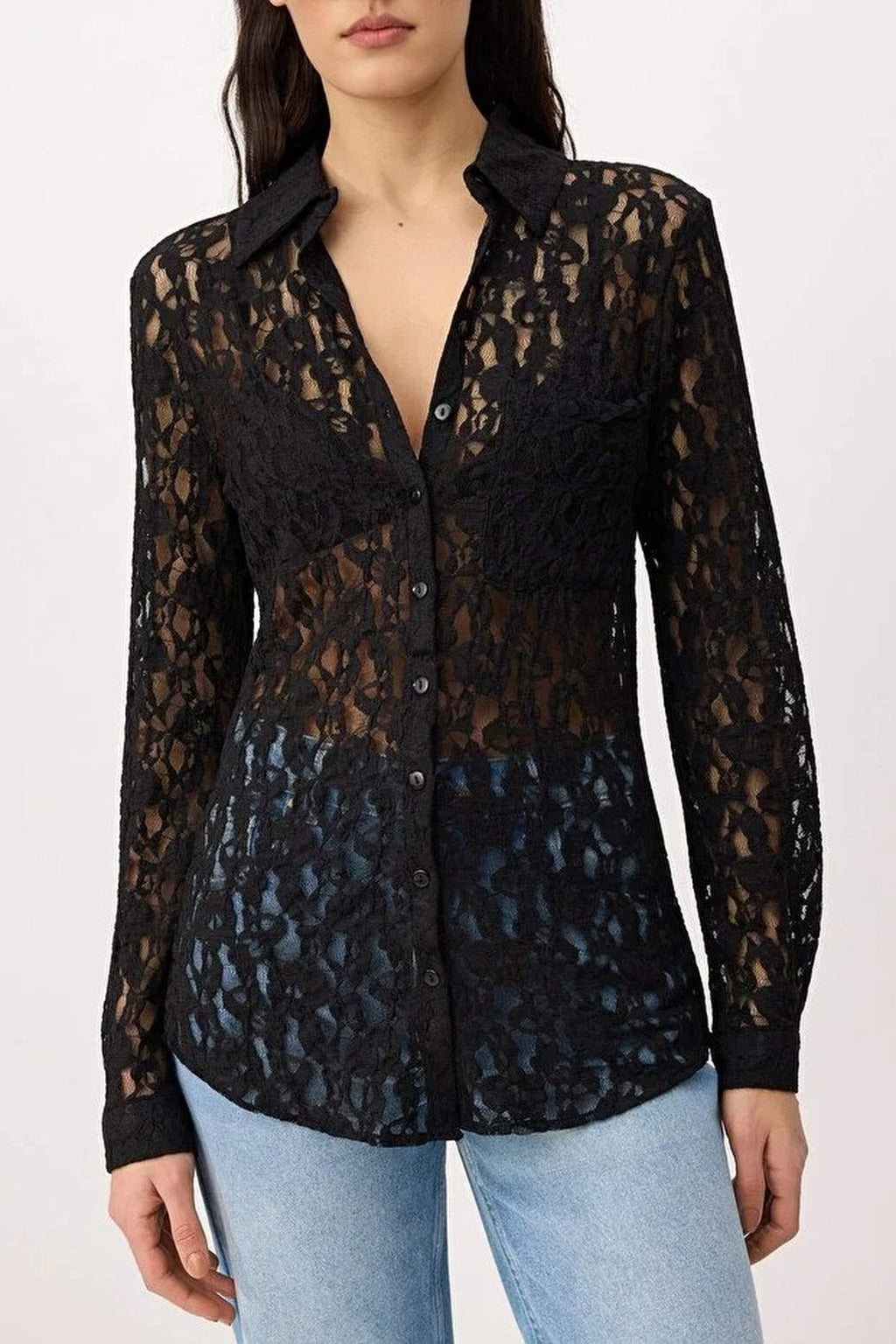 Plain Fitted Shirt Collar Long Sleeve Lace Knit Shirt