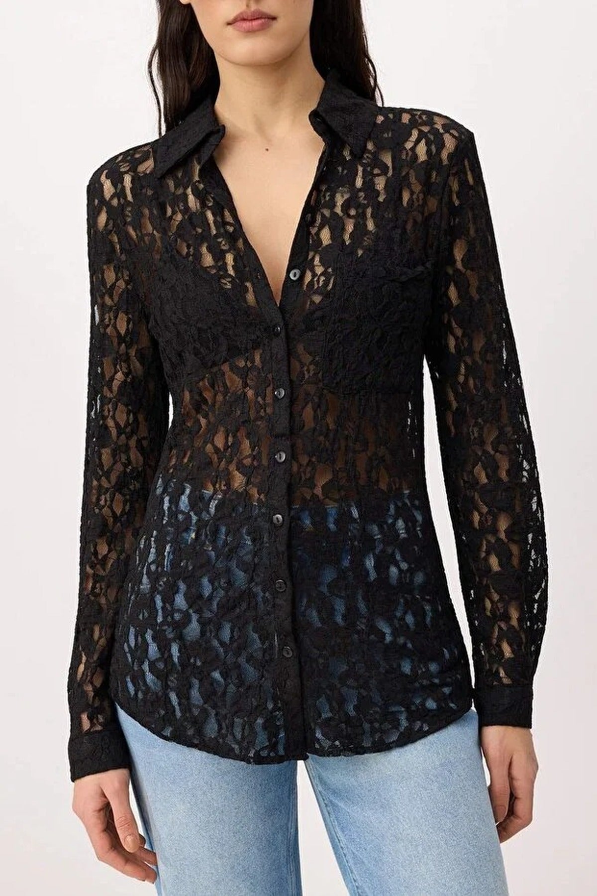 Plain Fitted Shirt Collar Long Sleeve Lace Knit Shirt