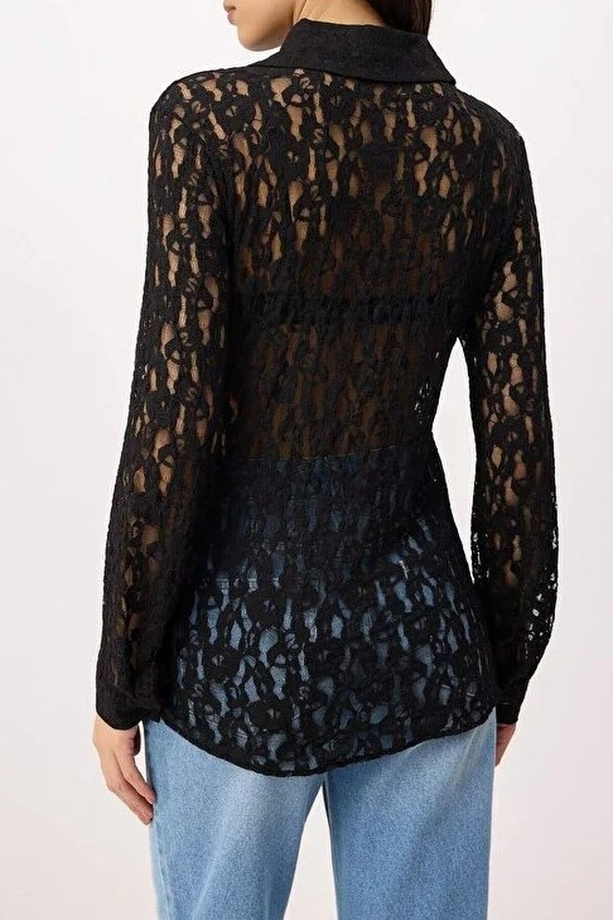 Plain Fitted Shirt Collar Long Sleeve Lace Knit Shirt