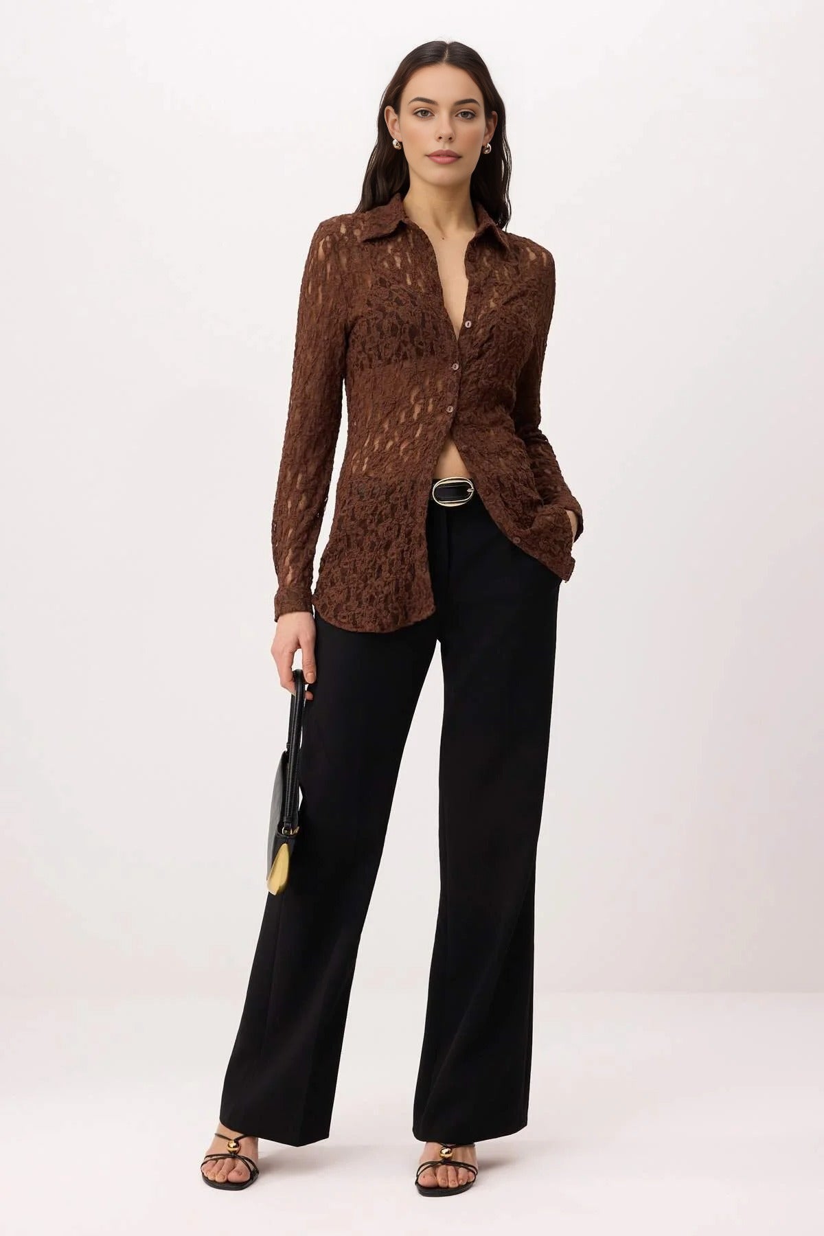 Plain Fitted Shirt Collar Long Sleeve Lace Knit Shirt