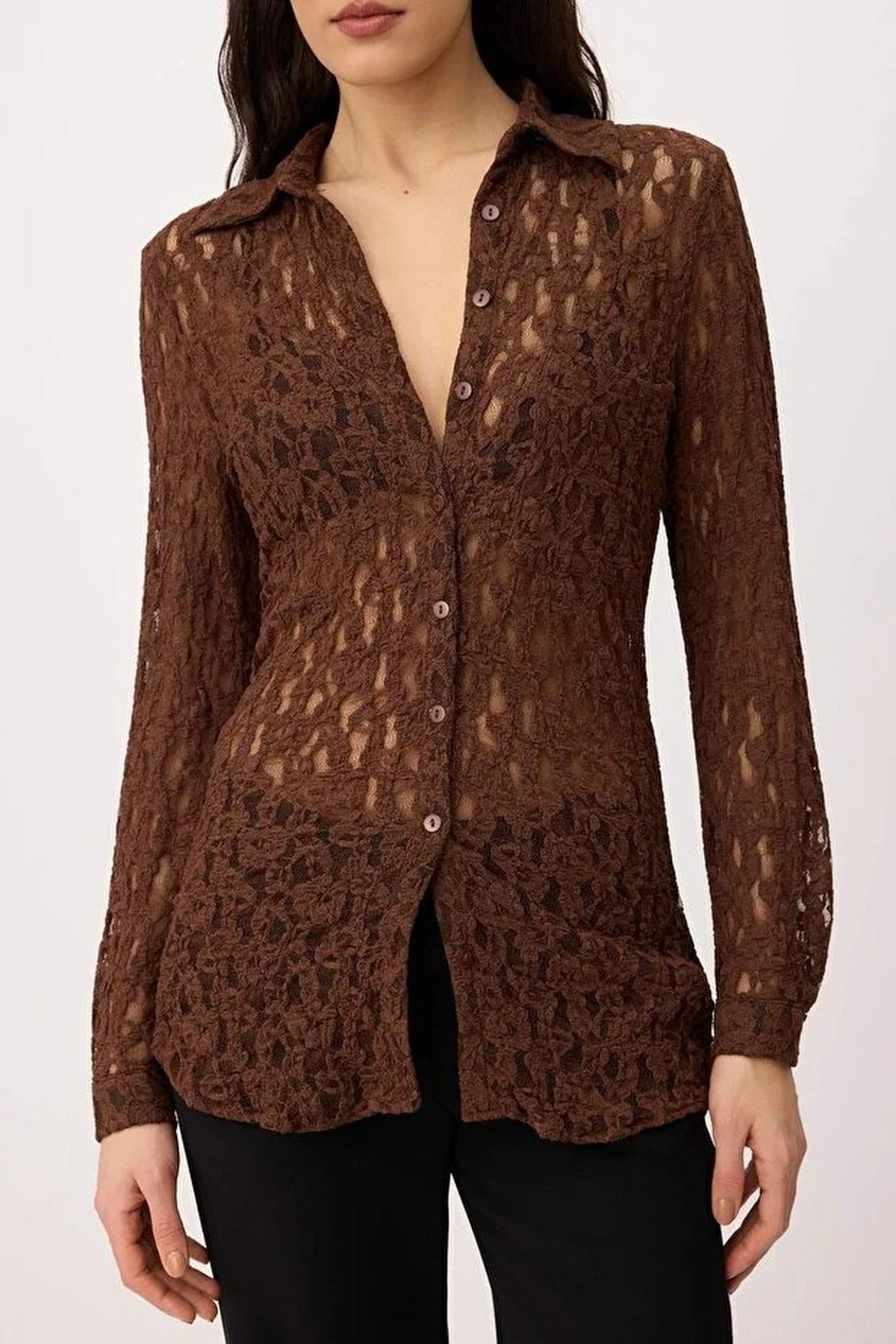 Plain Fitted Shirt Collar Long Sleeve Lace Knit Shirt